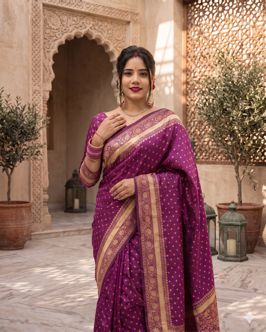 Vaishnavi Banarasi Style Festive Saree with Golden Motif Pallu - Purple - upper closeup