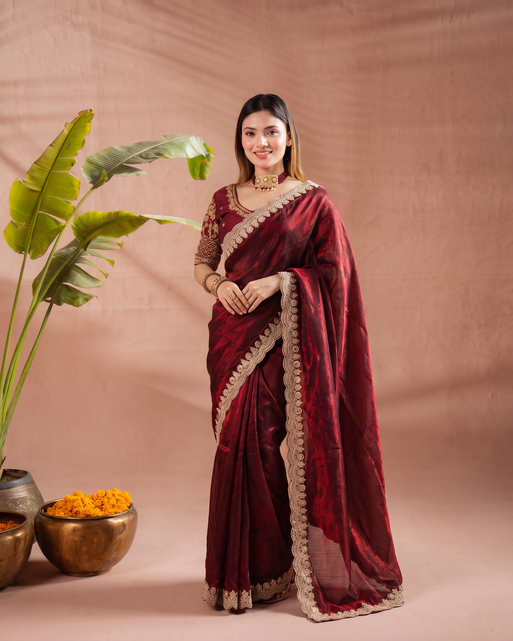 Tarini Sheer Pallu Festive Saree with Fine Embroidered Edge - Maroon - full saree hero
