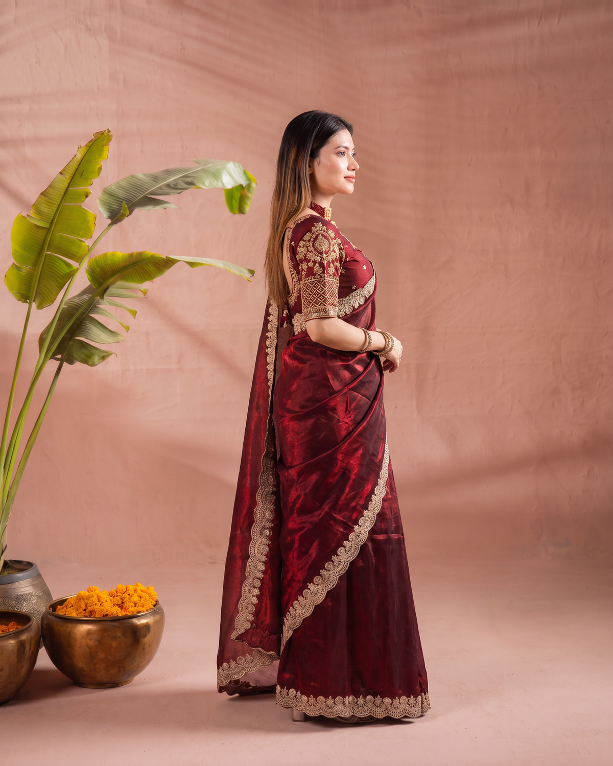 Tarini Sheer Pallu Festive Saree with Fine Embroidered Edge - Maroon - side