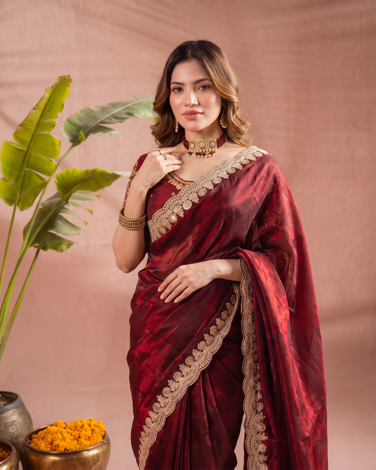 Tarini Sheer Pallu Festive Saree with Fine Embroidered Edge - Maroon - upper closeup