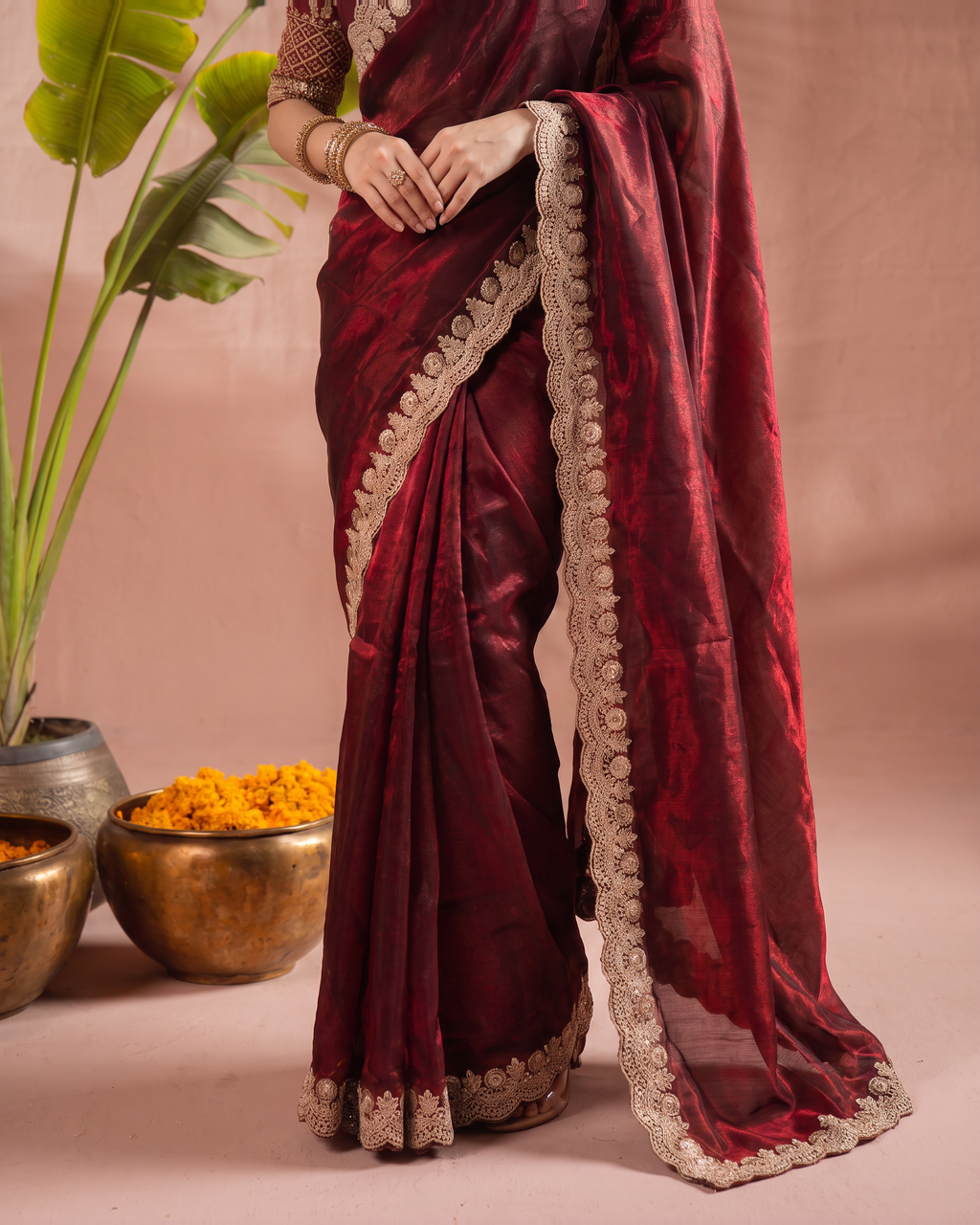 Tarini Sheer Pallu Festive Saree with Fine Embroidered Edge - Maroon - lower closeup