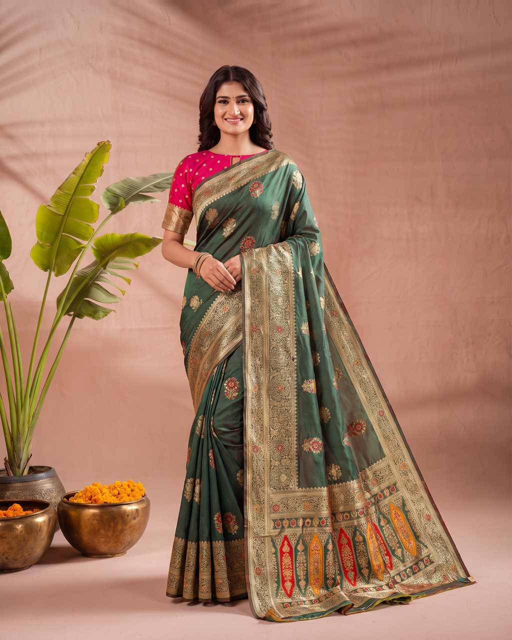 Vasudha Ornate Zari Silk Saree with Multicolour Pallu - Green - full saree hero