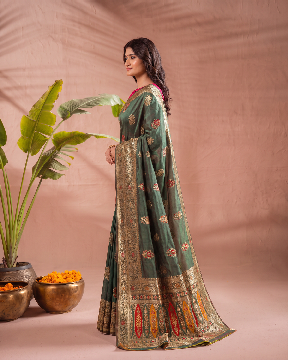 Vasudha Ornate Zari Silk Saree with Multicolour Pallu - Green - side