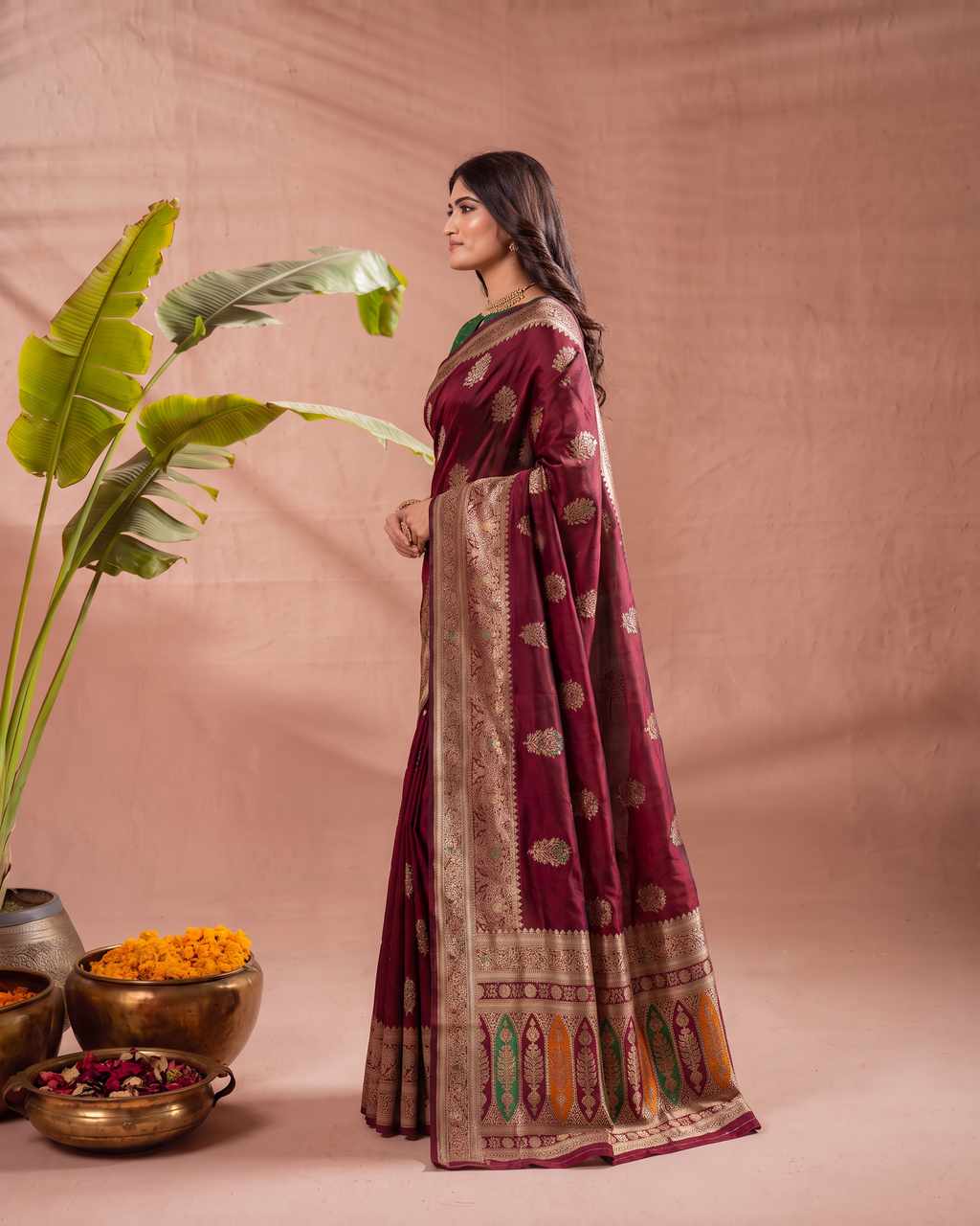 Vasudha Ornate Zari Silk Saree with Multicolour Pallu - Maroon - side