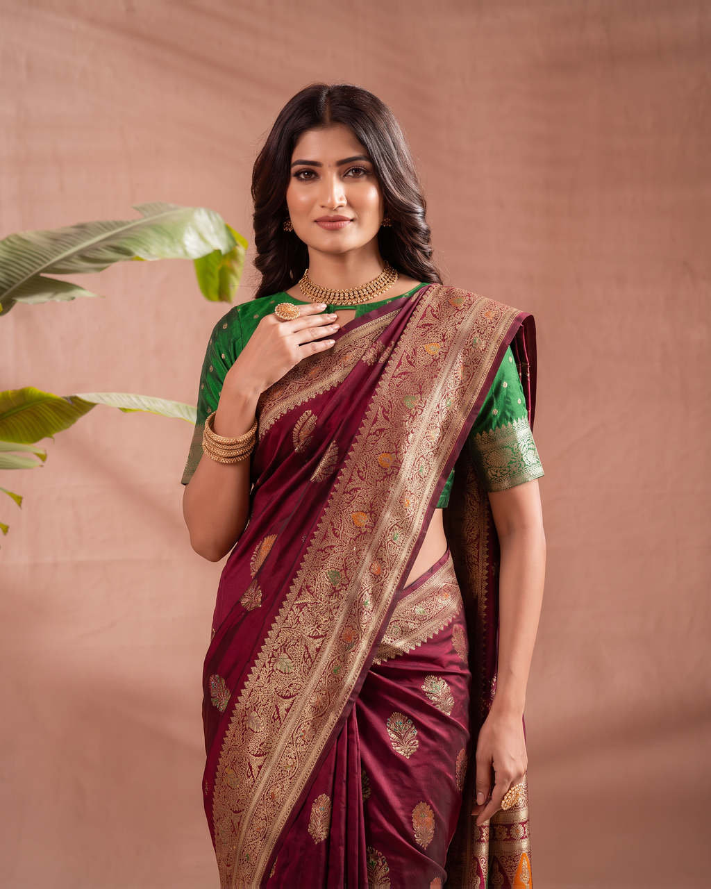 Vasudha Ornate Zari Silk Saree with Multicolour Pallu - Maroon - upper closeup