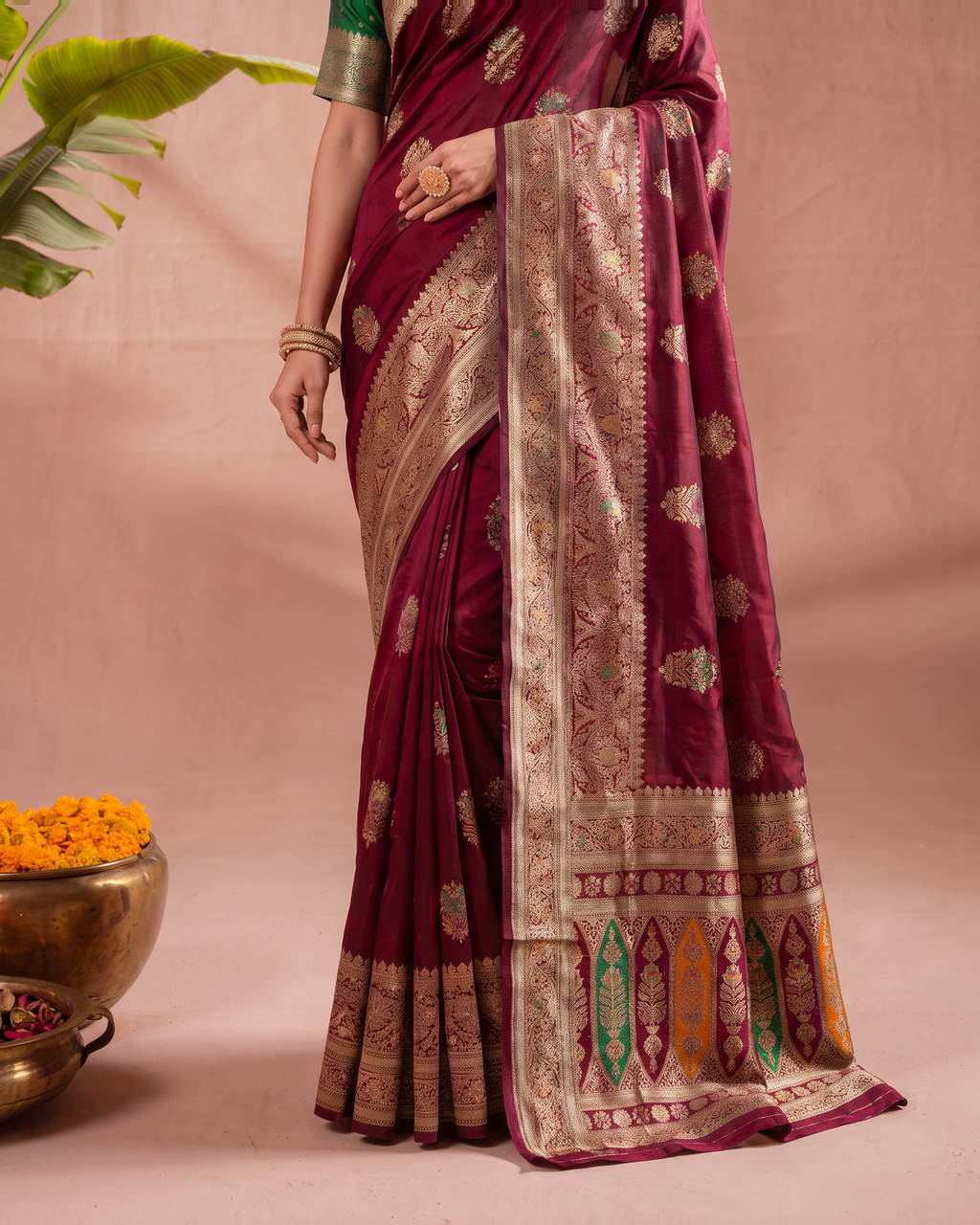Vasudha Ornate Zari Silk Saree with Multicolour Pallu - Maroon - lower closeup