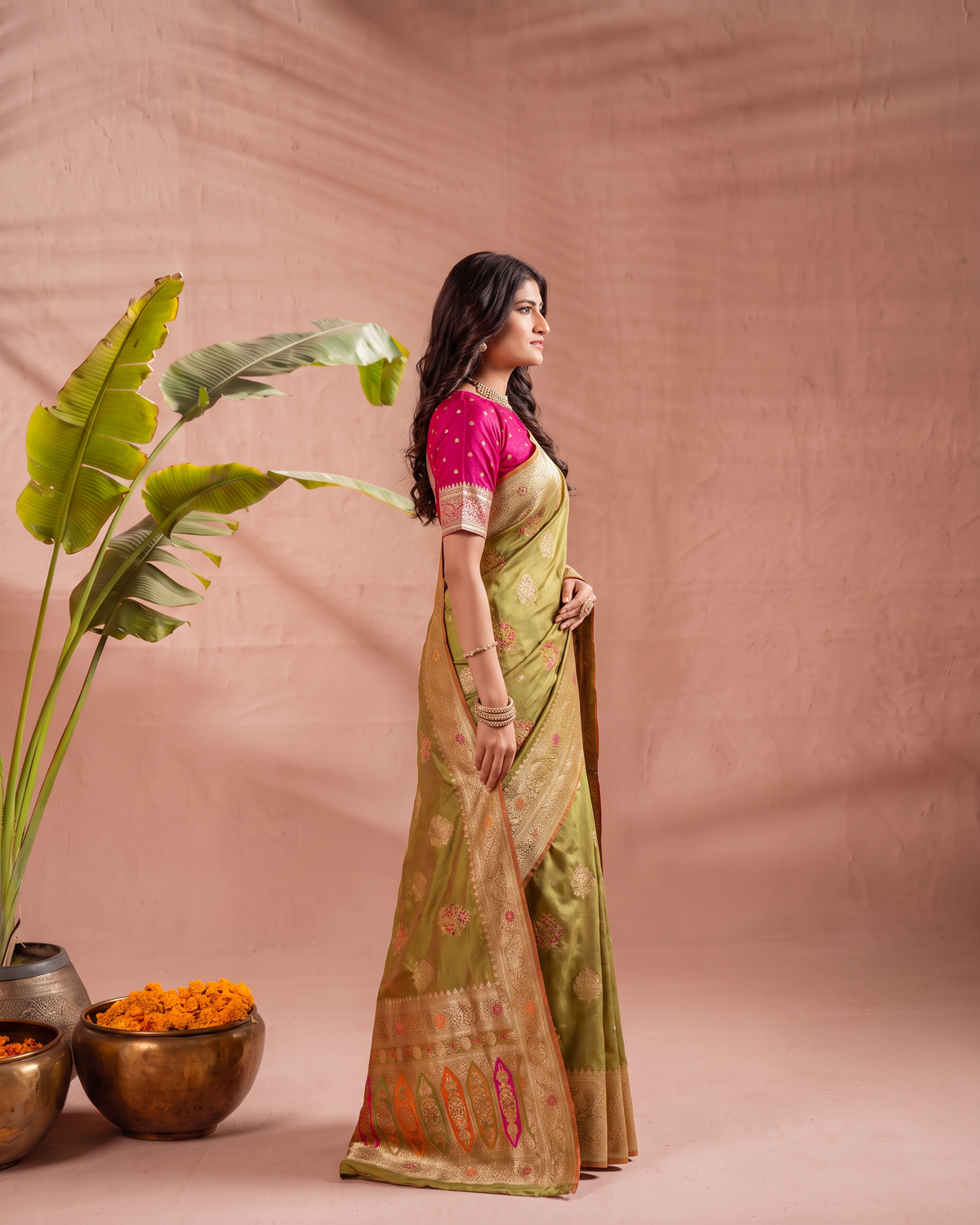 Vasudha Ornate Zari Silk Saree with Multicolour Pallu - Mehndi - side