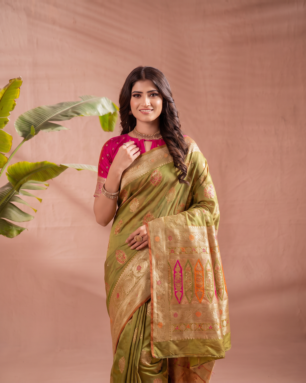 Vasudha Ornate Zari Silk Saree with Multicolour Pallu - Mehndi - upper closeup