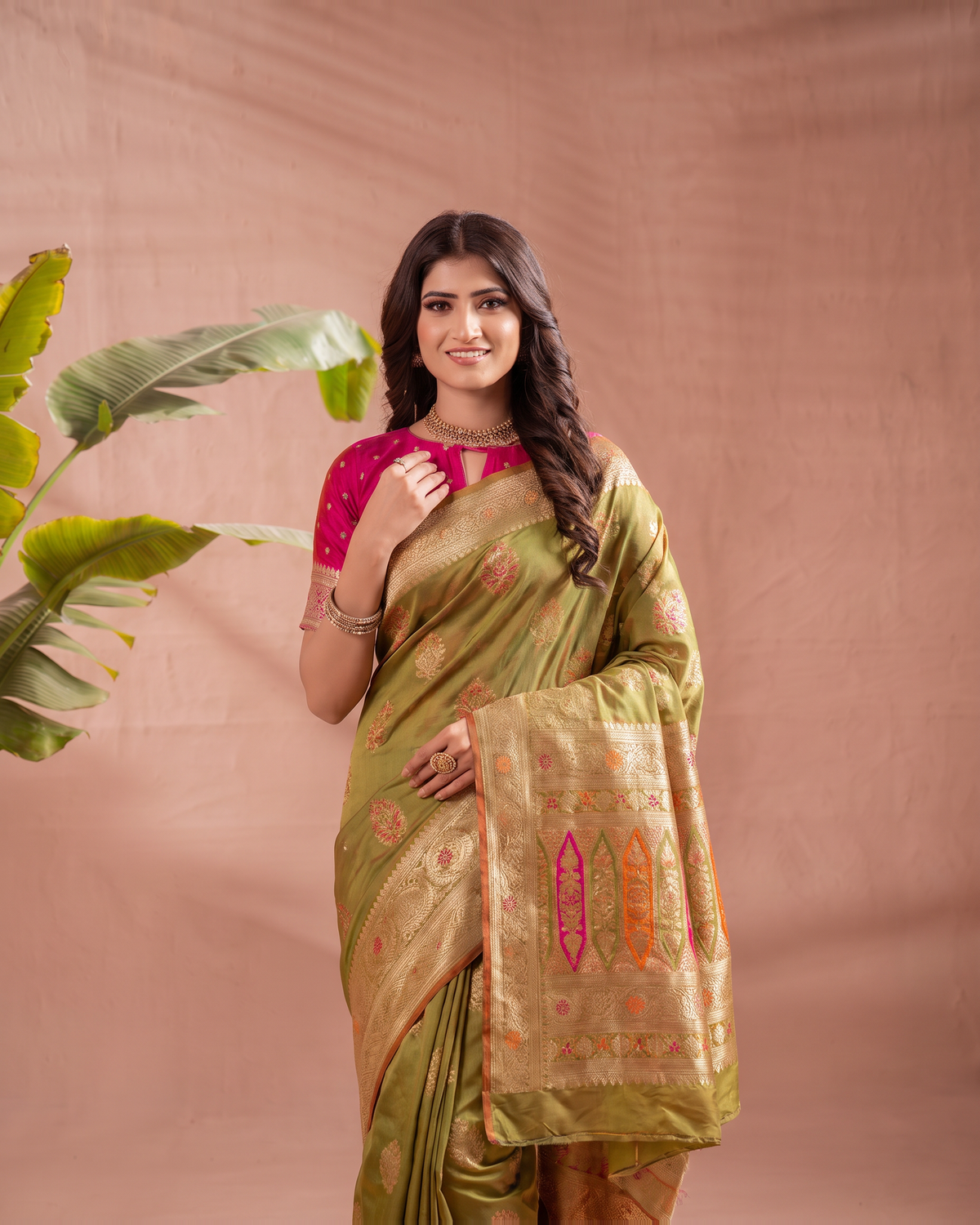 Vasudha Ornate Zari Silk Saree with Multicolour Pallu - Mehndi - upper closeup