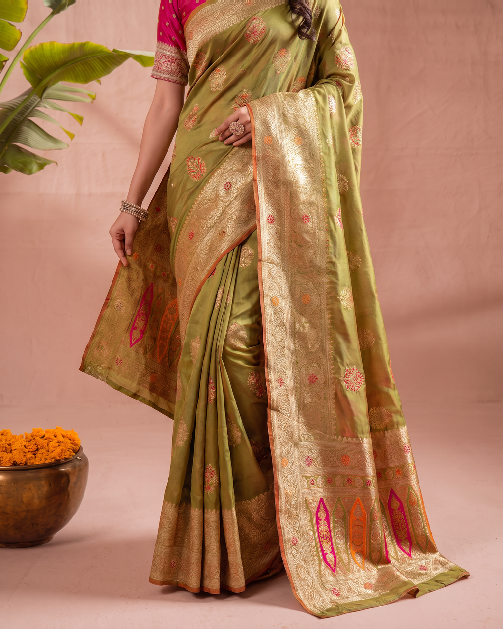 Vasudha Ornate Zari Silk Saree with Multicolour Pallu - Mehndi - lower closeup