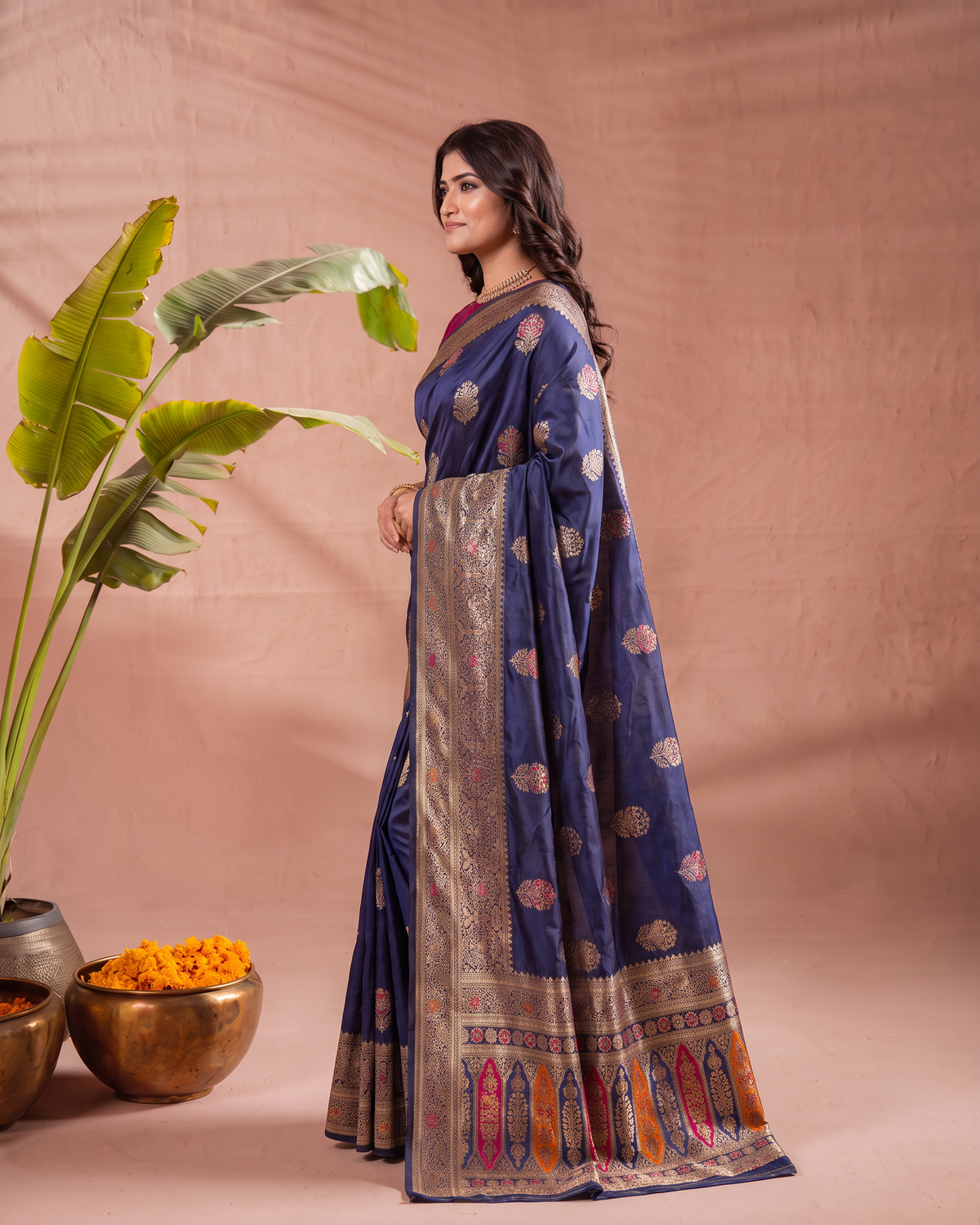 Vasudha Ornate Zari Silk Saree with Multicolour Pallu - Navy Blue - side