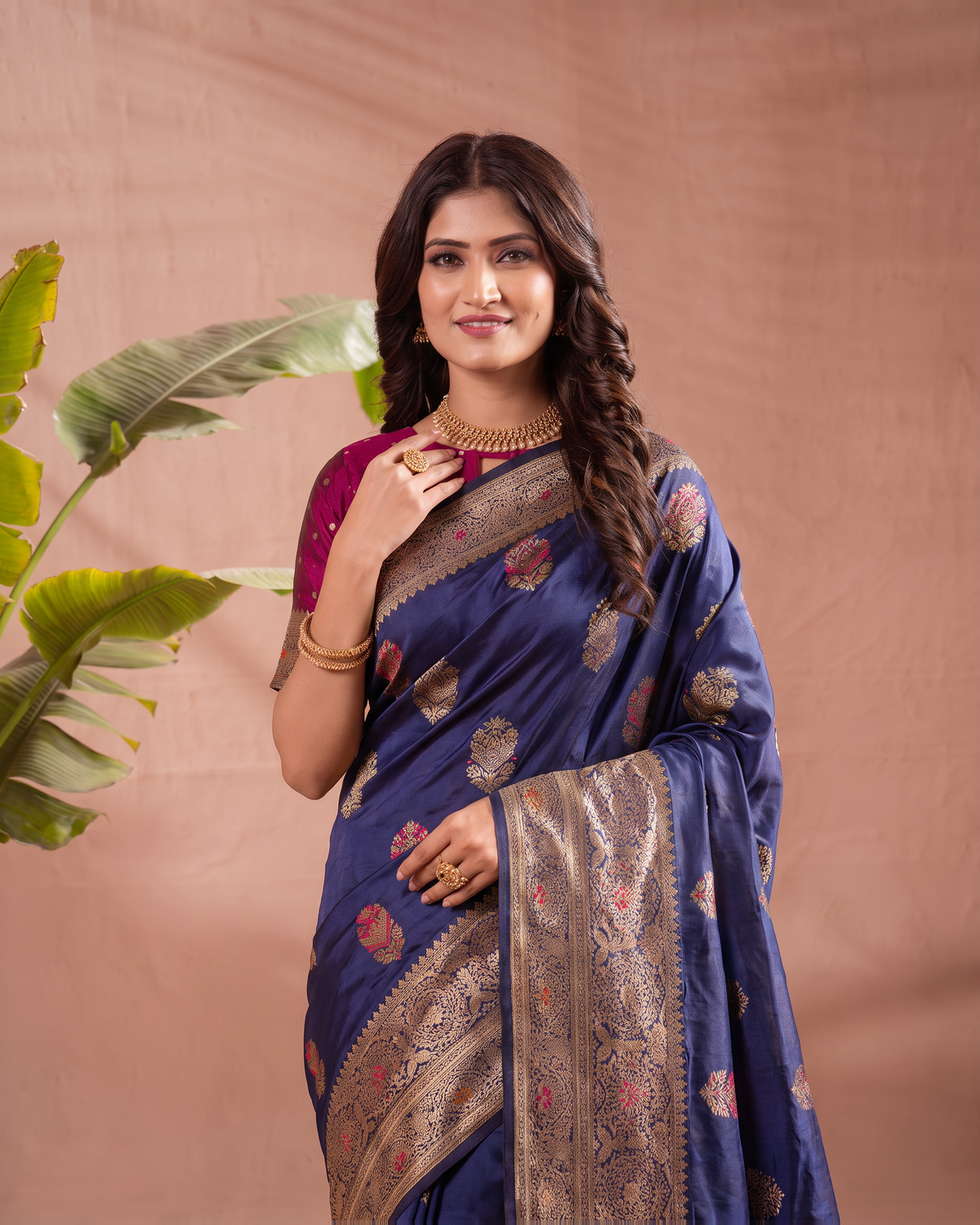 Vasudha Ornate Zari Silk Saree with Multicolour Pallu - Navy Blue - upper closeup