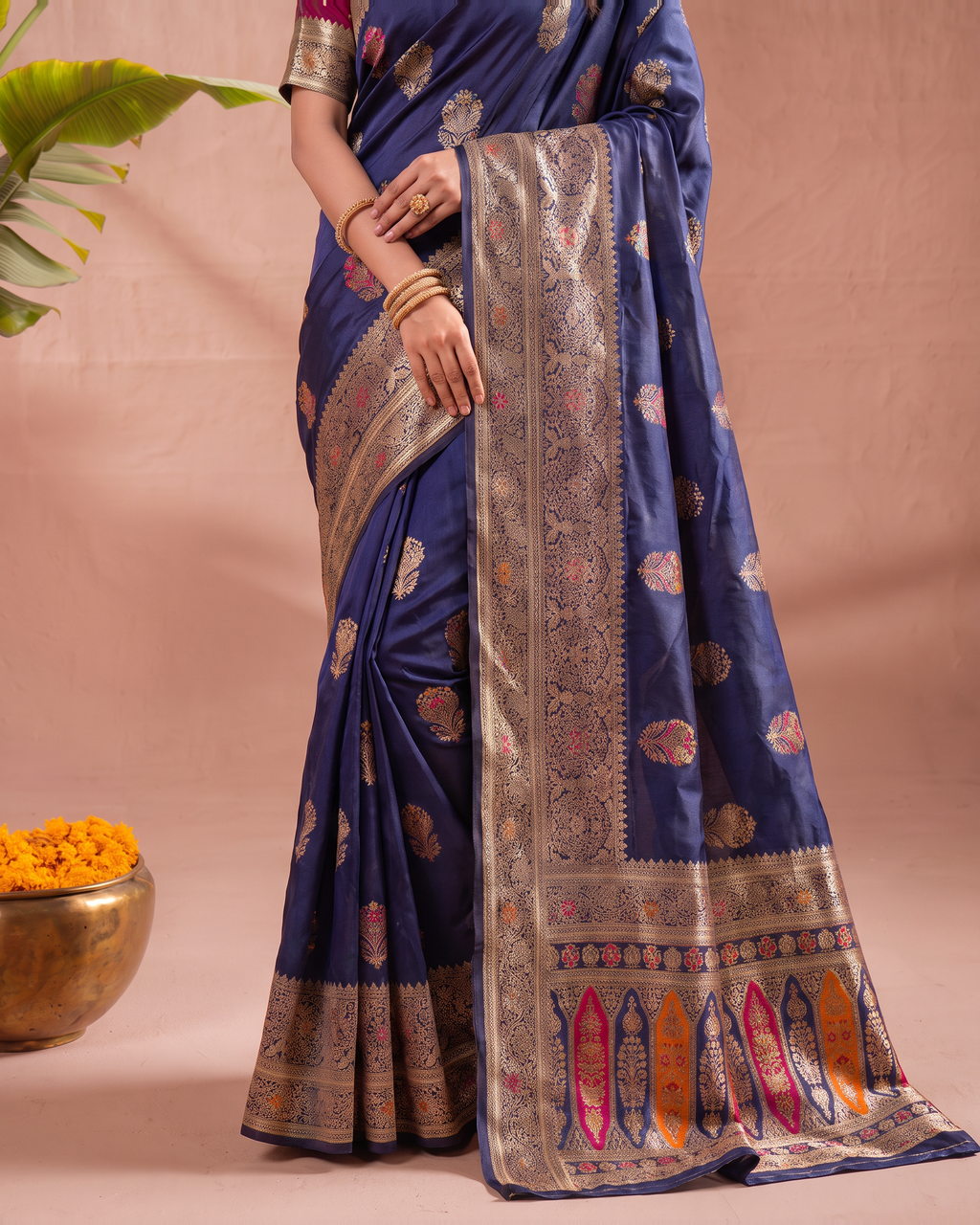 Vasudha Ornate Zari Silk Saree with Multicolour Pallu - Navy Blue - lower closeup