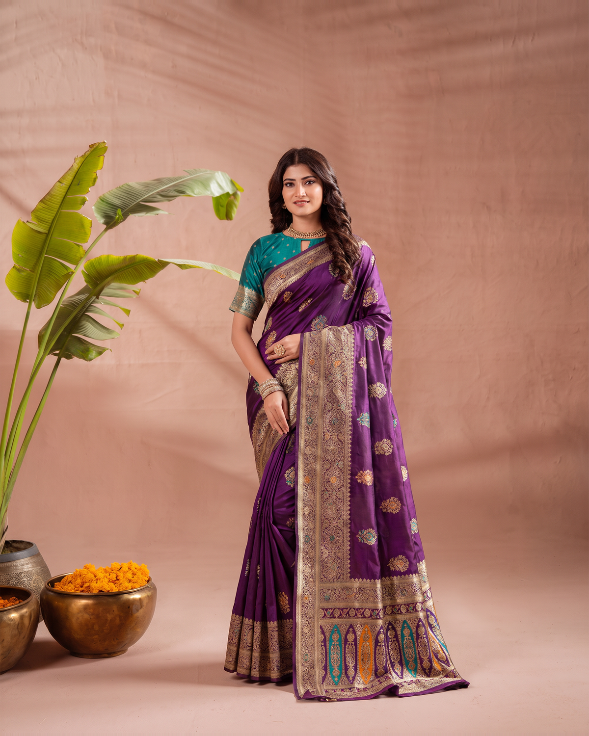 Vasudha Ornate Zari Silk Saree with Multicolour Pallu - Purple - full saree hero