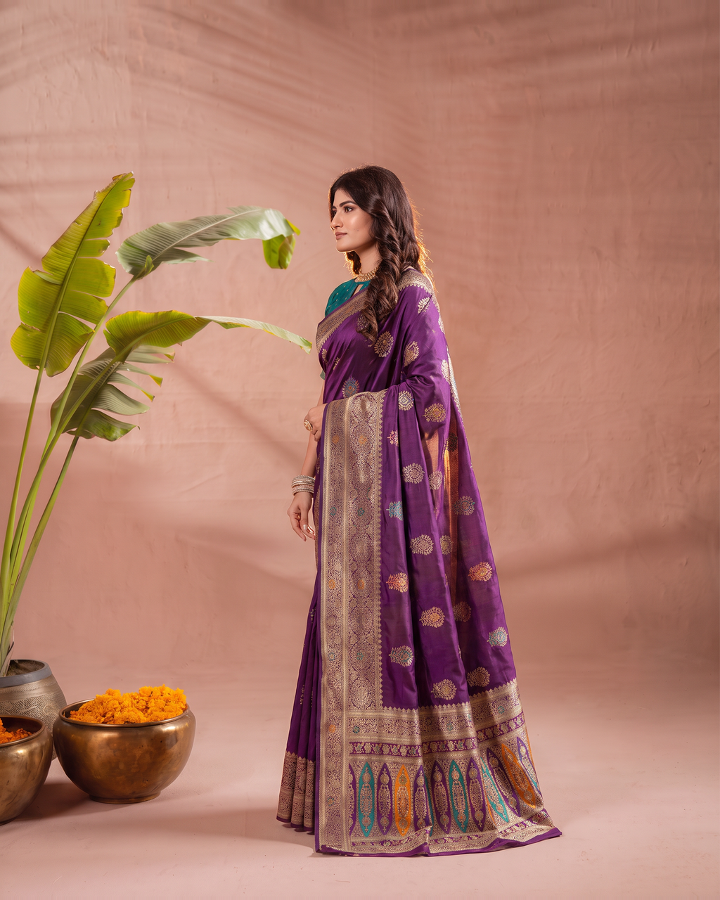 Vasudha Ornate Zari Silk Saree with Multicolour Pallu - Purple - side