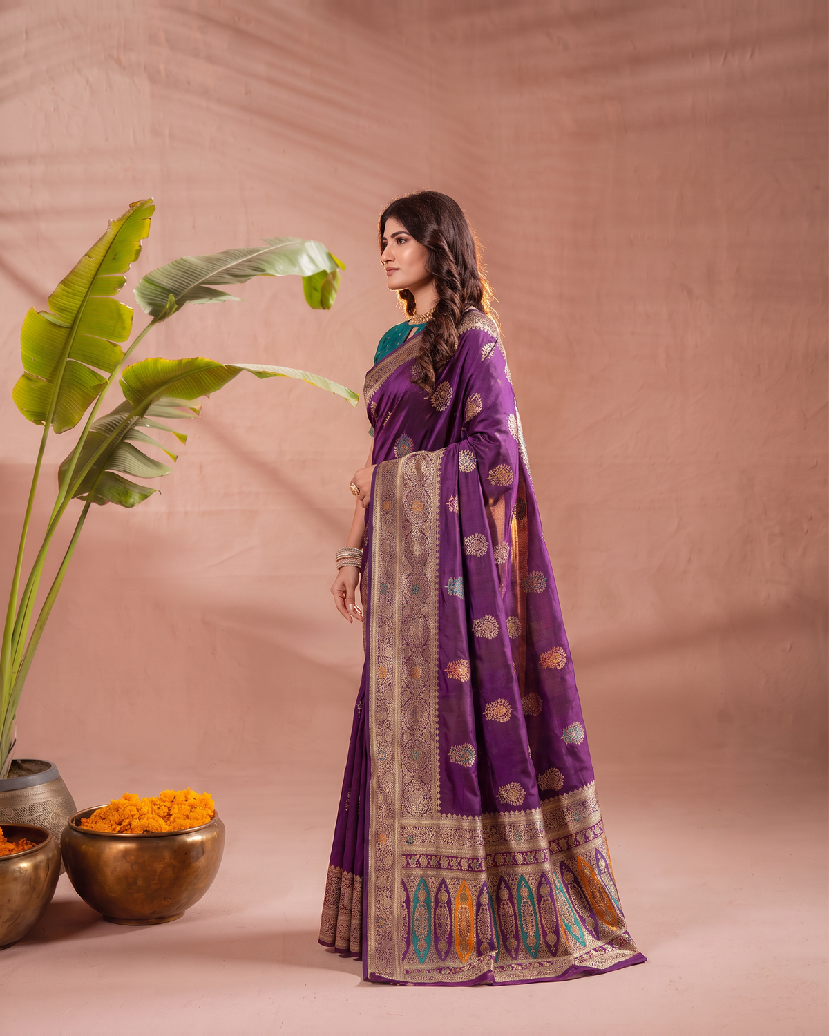 Vasudha Ornate Zari Silk Saree with Multicolour Pallu - Purple - side