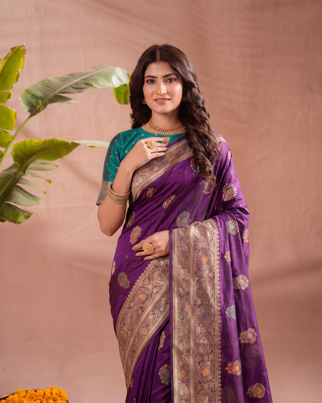Vasudha Ornate Zari Silk Saree with Multicolour Pallu - Purple - upper closeup
