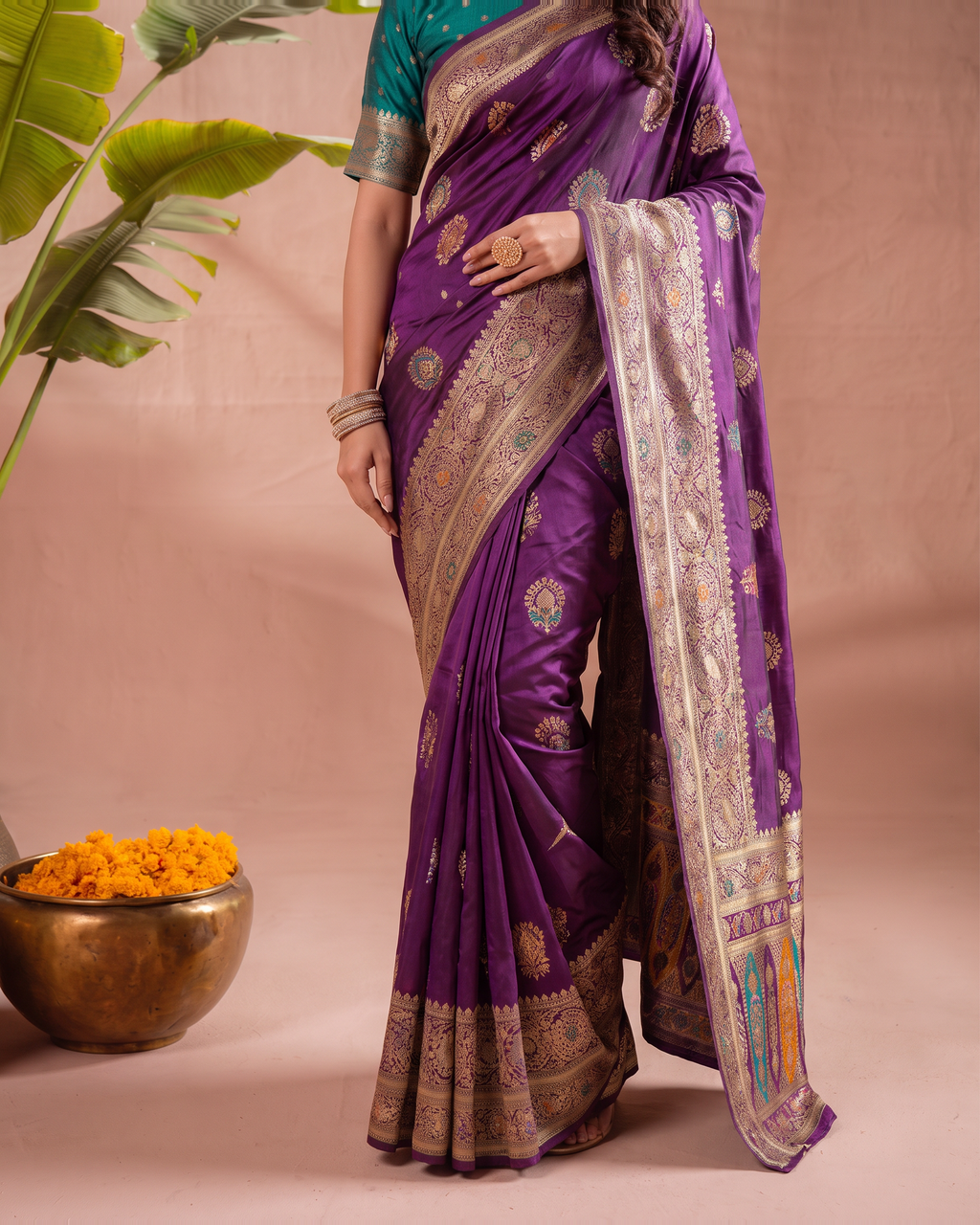 Vasudha Ornate Zari Silk Saree with Multicolour Pallu - Purple - lower closeup