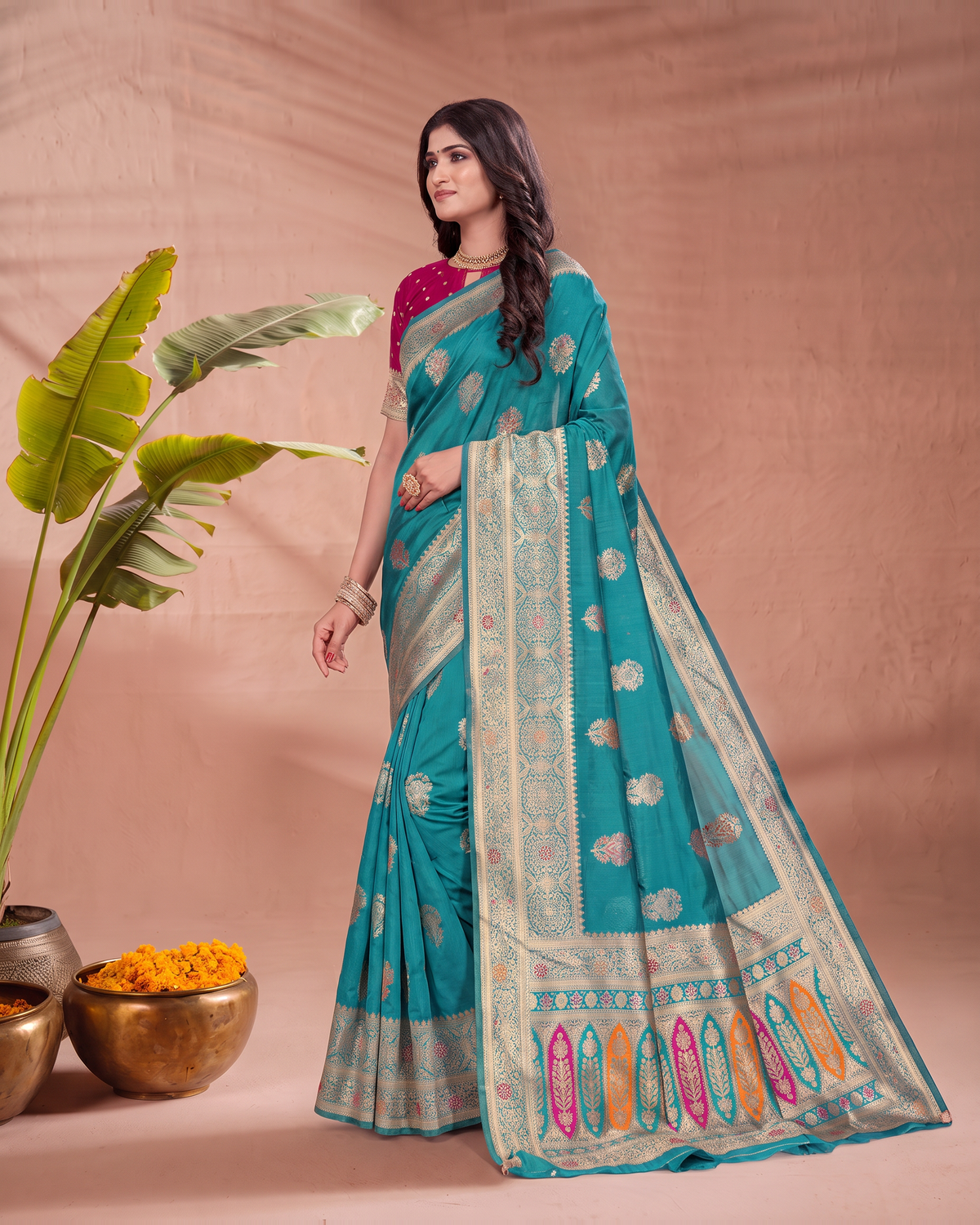 Vasudha Ornate Zari Silk Saree with Multicolour Pallu - Rama - side
