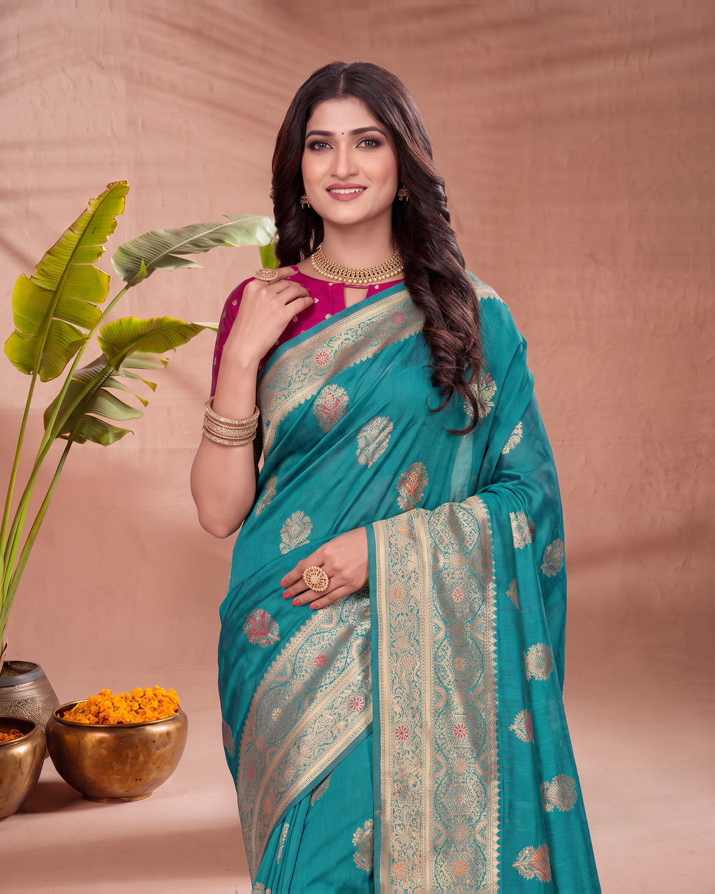 Vasudha Ornate Zari Silk Saree with Multicolour Pallu - Rama - upper closeup