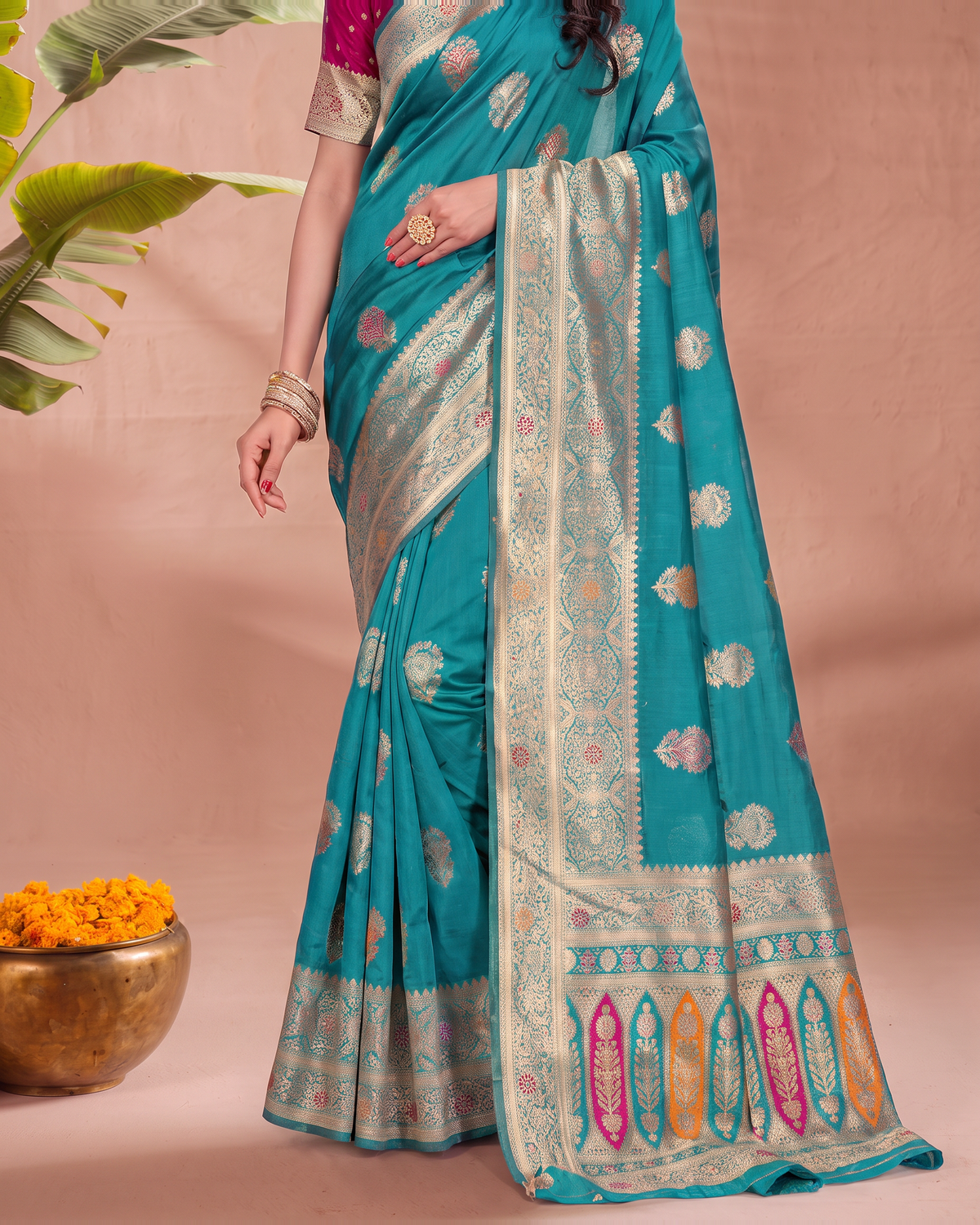 Vasudha Ornate Zari Silk Saree with Multicolour Pallu - Rama - lower closeup