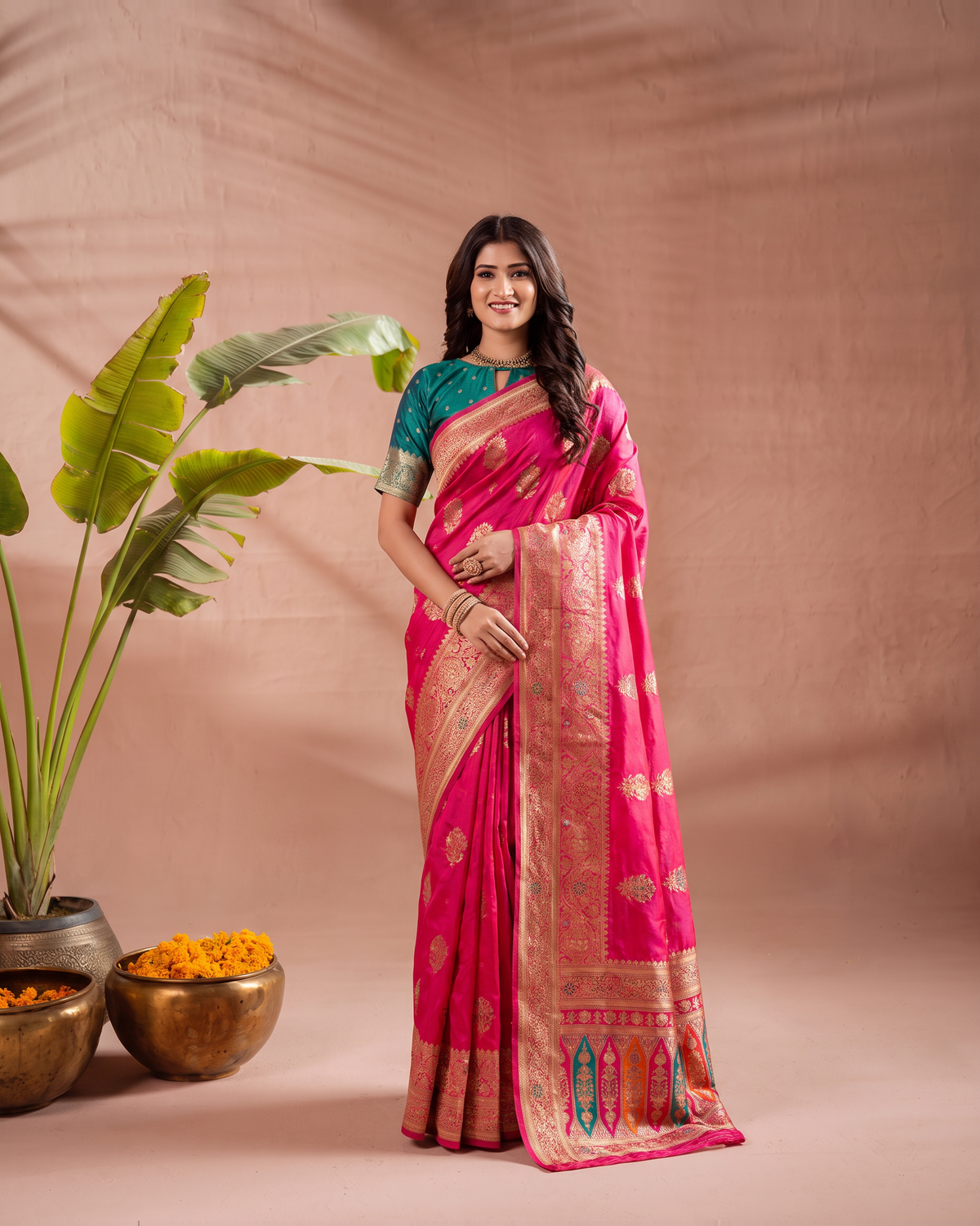 Vasudha Ornate Zari Silk Saree with Multicolour Pallu - Rani - full saree hero