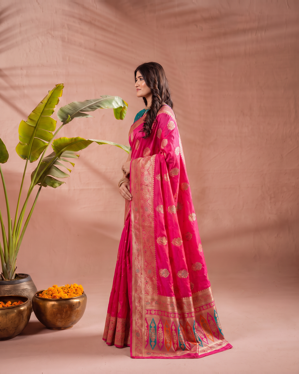Vasudha Ornate Zari Silk Saree with Multicolour Pallu - Rani - side