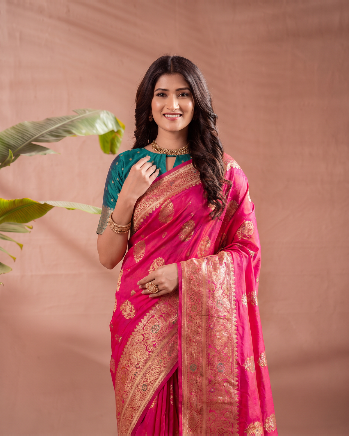 Vasudha Ornate Zari Silk Saree with Multicolour Pallu - Rani - upper closeup