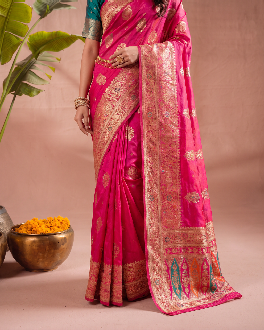 Vasudha Ornate Zari Silk Saree with Multicolour Pallu - Rani - lower closeup