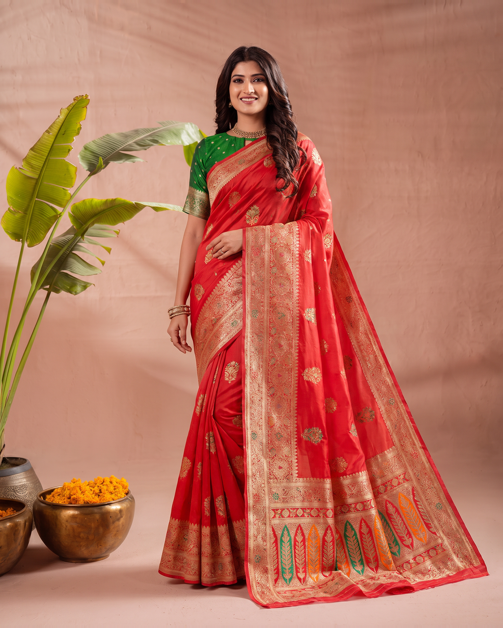 Vasudha Ornate Zari Silk Saree with Multicolour Pallu - Red - full saree hero