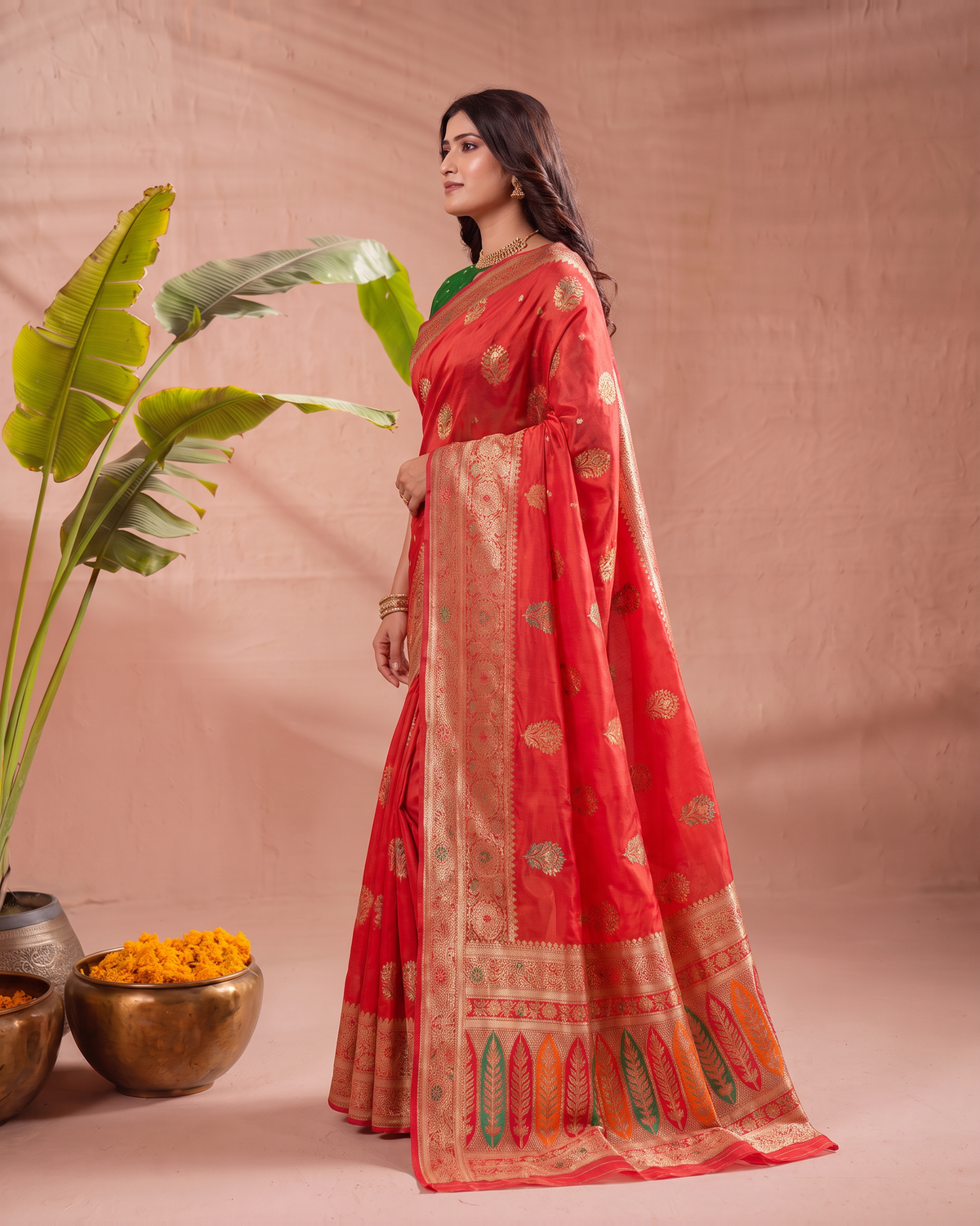 Vasudha Ornate Zari Silk Saree with Multicolour Pallu - Red - side
