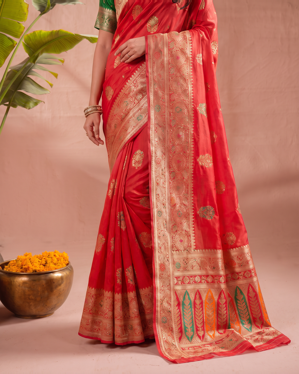 Vasudha Ornate Zari Silk Saree with Multicolour Pallu - Red - lower closeup
