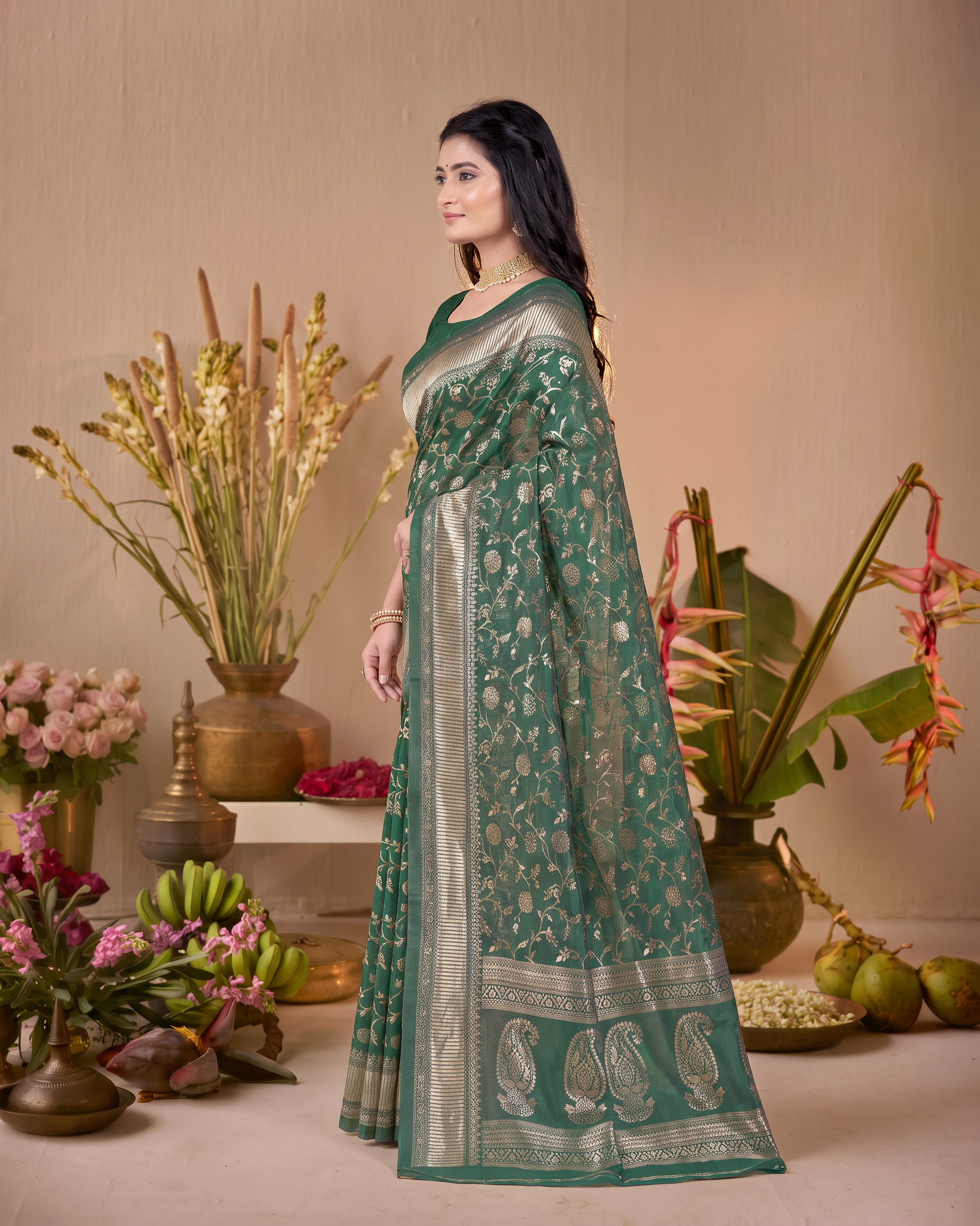 Vasundhara Botanical Trellis Silk Saree - Dark Green - side drape