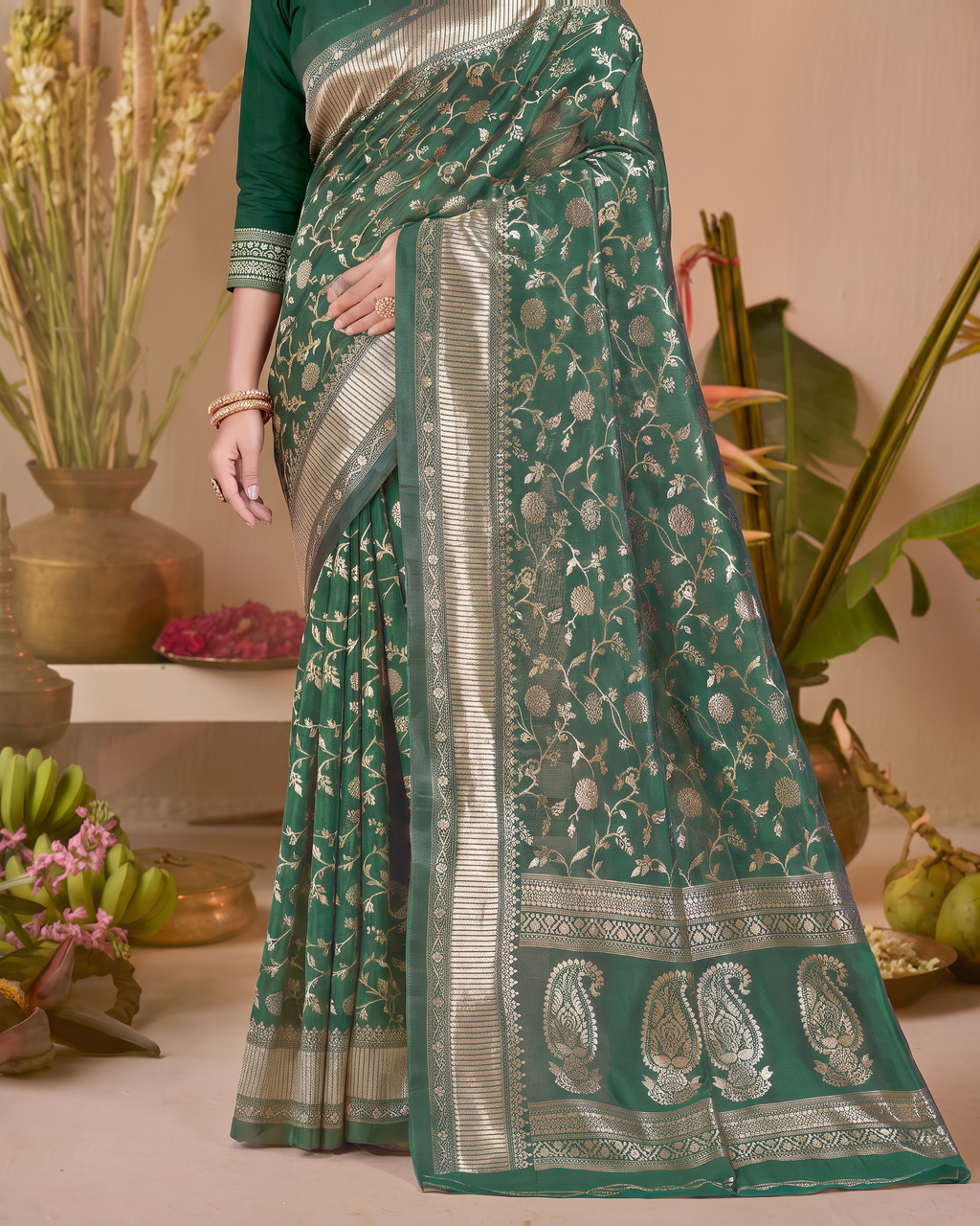 Vasundhara Botanical Trellis Silk Saree - Dark Green - lower border closeup