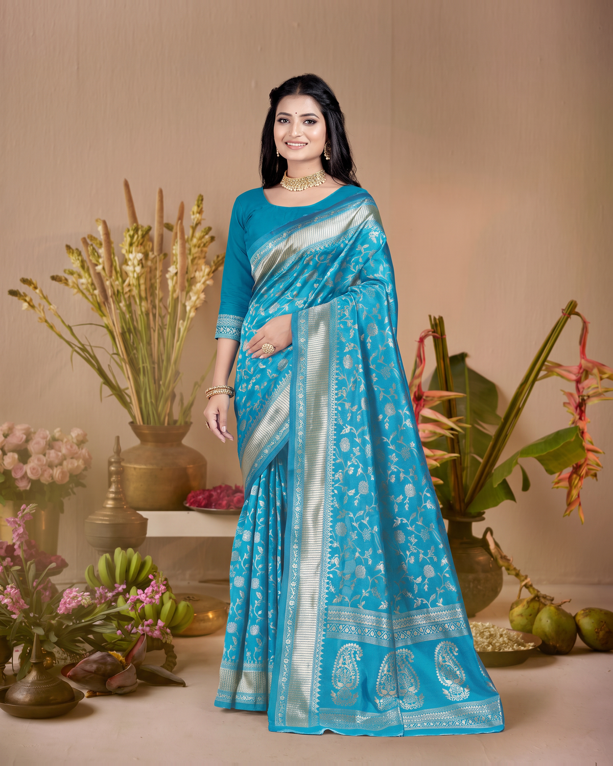 Vasundhara Botanical Trellis Silk Saree - Firozi Blue - full saree hero