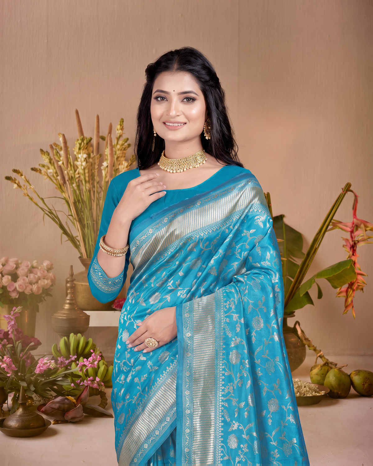 Vasundhara Botanical Trellis Silk Saree - Firozi Blue - upper closeup