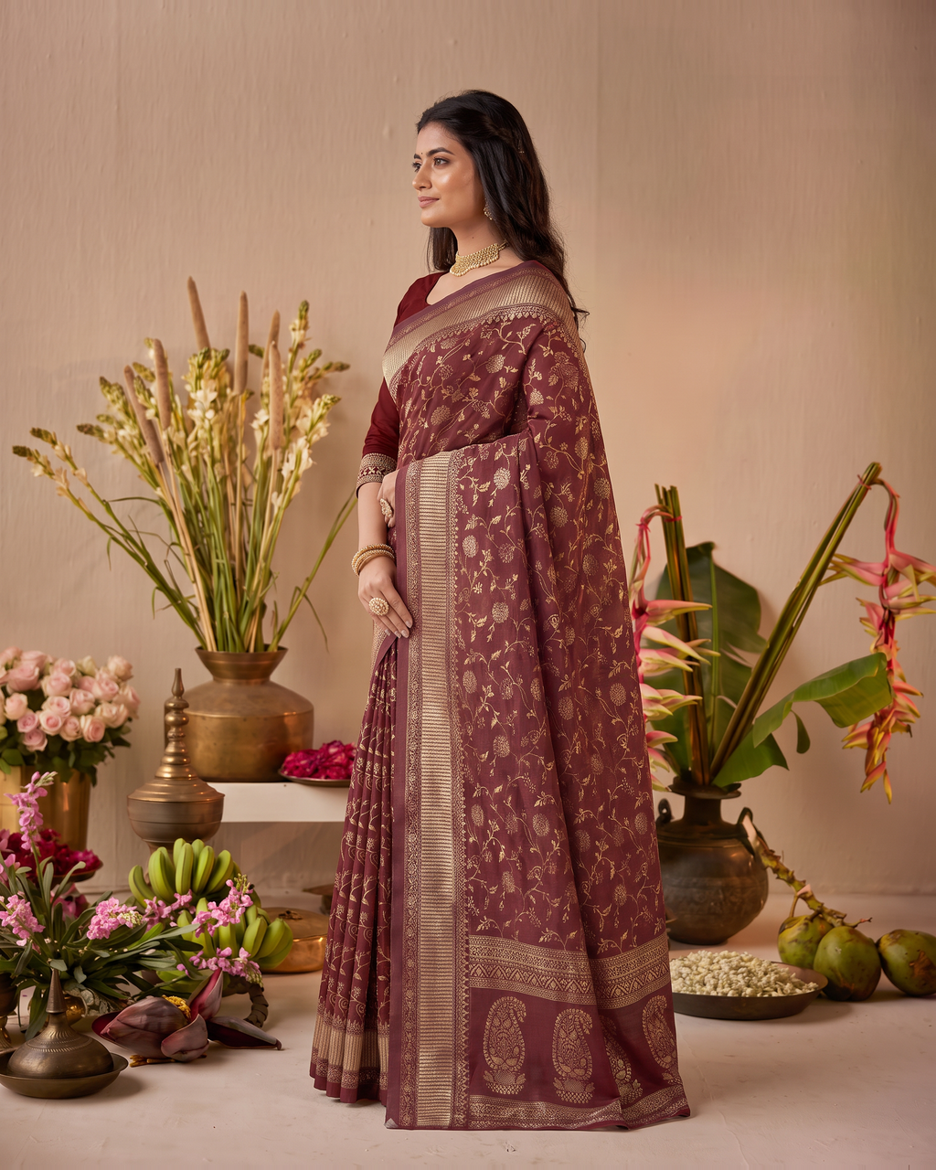 Vasundhara Botanical Trellis Silk Saree - Maroon - side drape