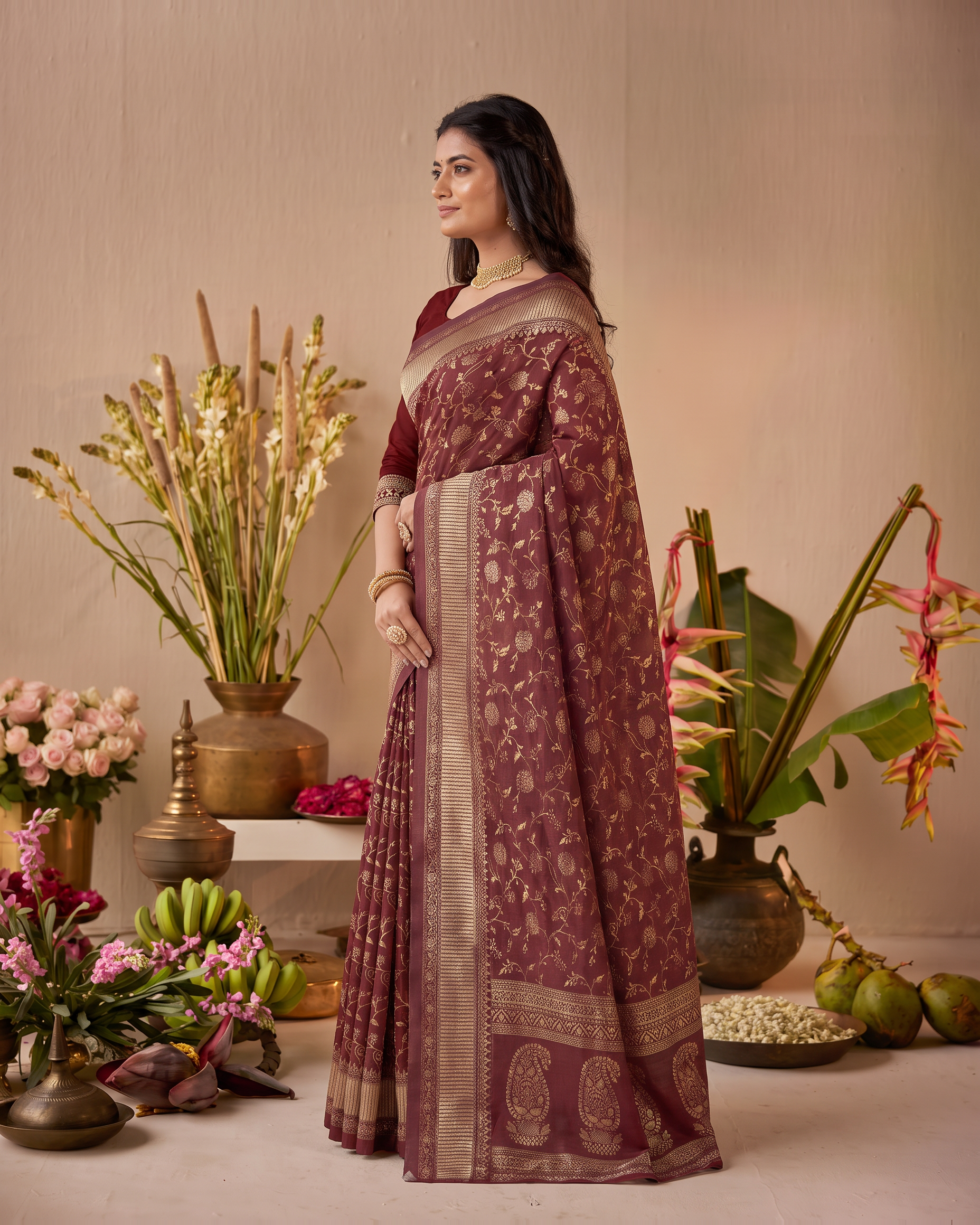 Vasundhara Botanical Trellis Silk Saree - Maroon - side drape