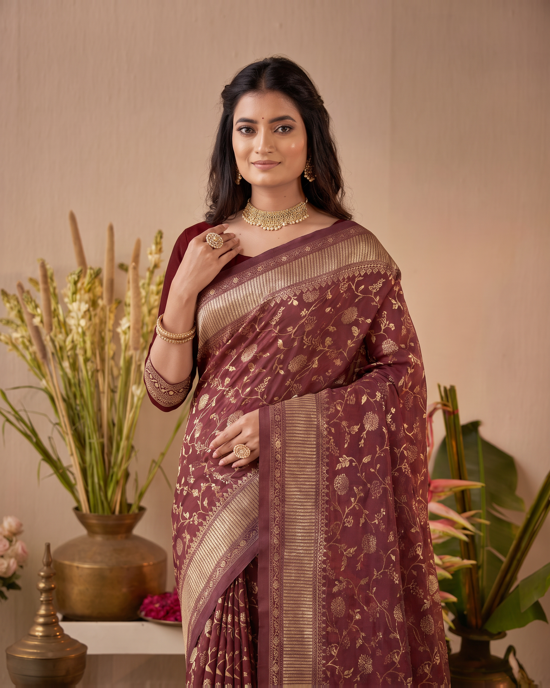 Vasundhara Botanical Trellis Silk Saree - Maroon - upper closeup