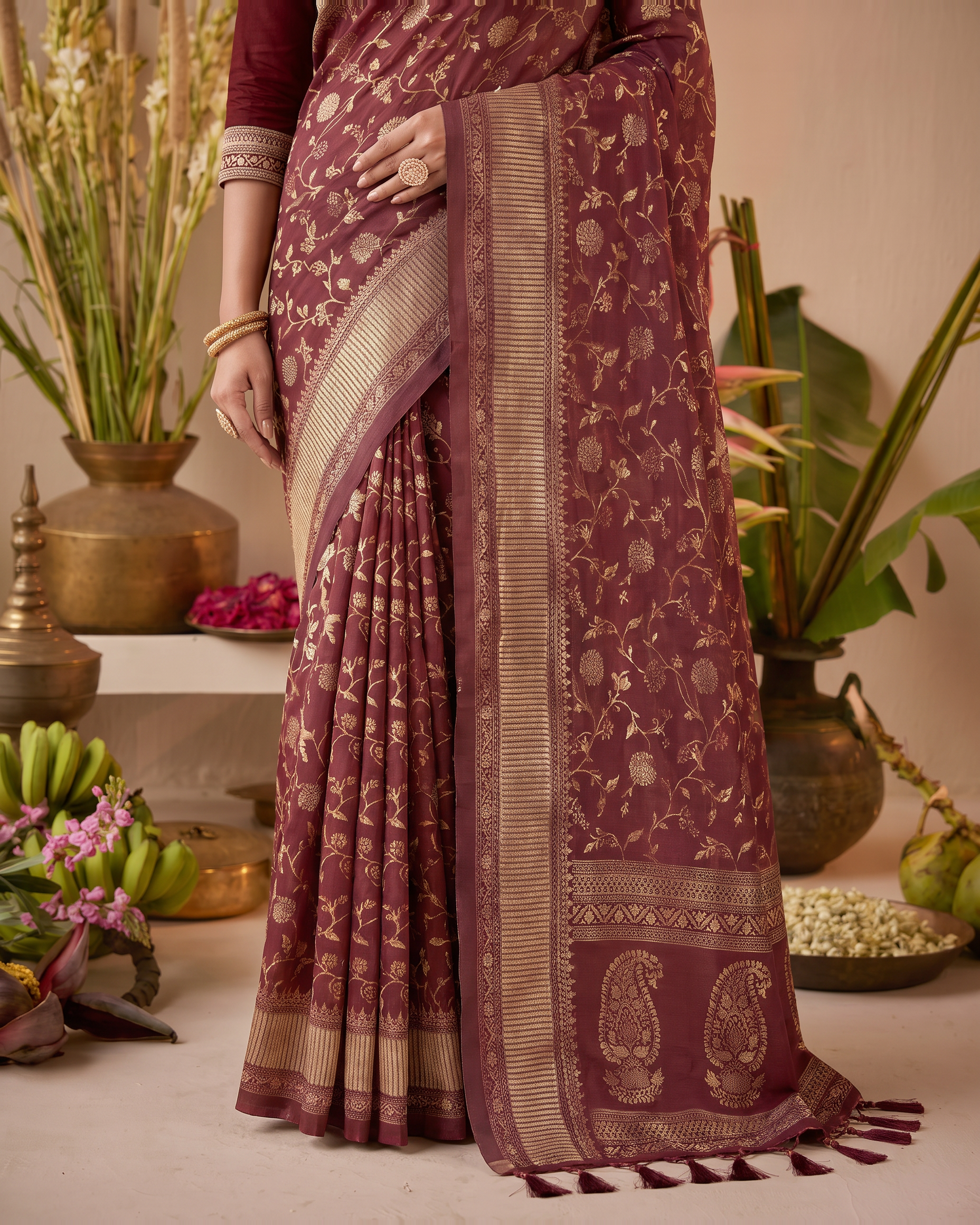 Vasundhara Botanical Trellis Silk Saree - Maroon - lower border closeup