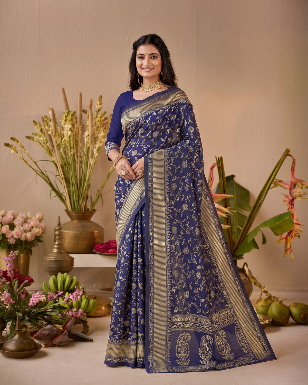 Vasundhara Botanical Trellis Silk Saree - Navy Blue - full saree hero