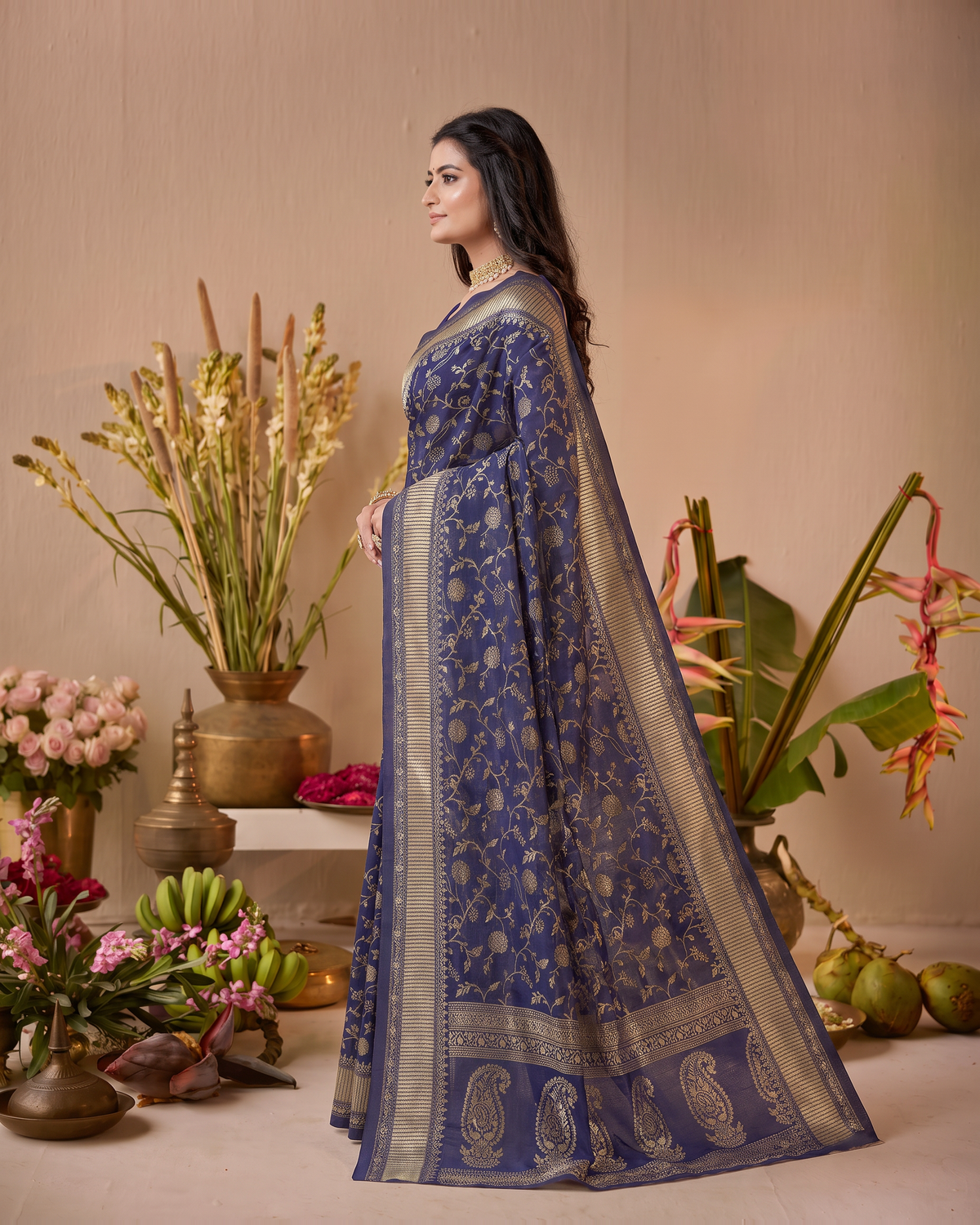 Vasundhara Botanical Trellis Silk Saree - Navy Blue - side drape