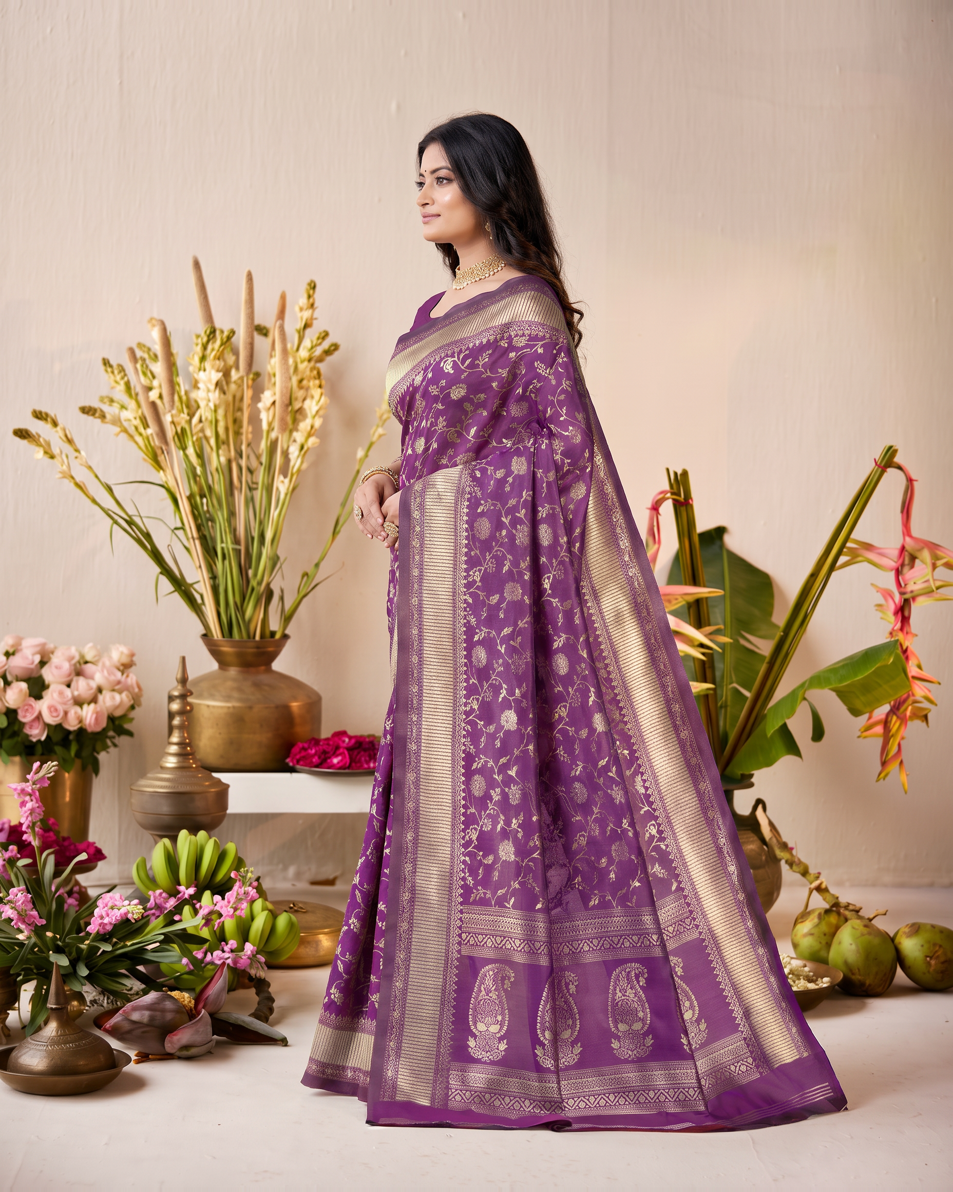 Vasundhara Botanical Trellis Silk Saree - Purple - side drape