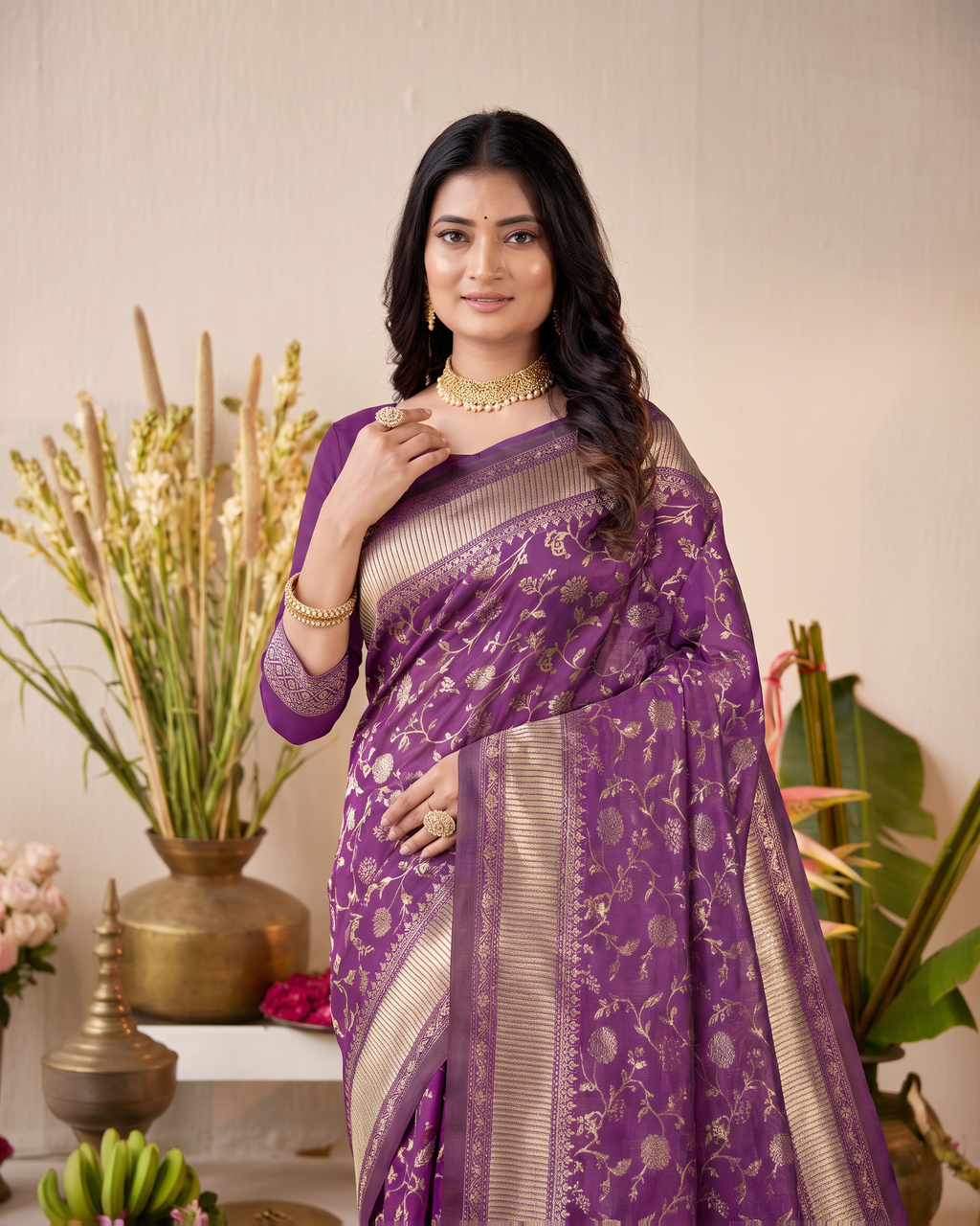 Vasundhara Botanical Trellis Silk Saree - Purple - upper closeup