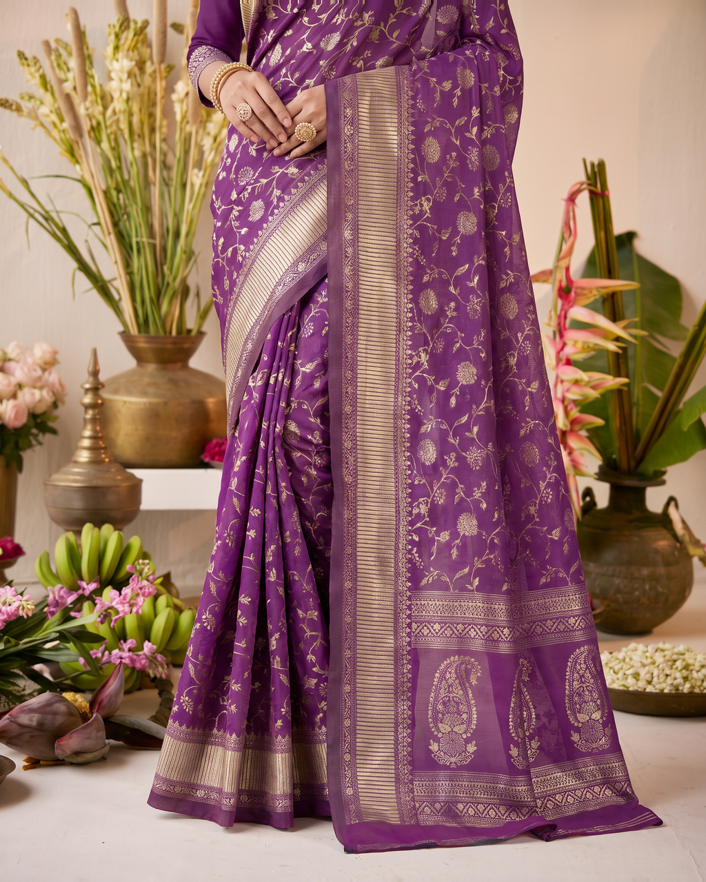 Vasundhara Botanical Trellis Silk Saree - Purple - lower border closeup