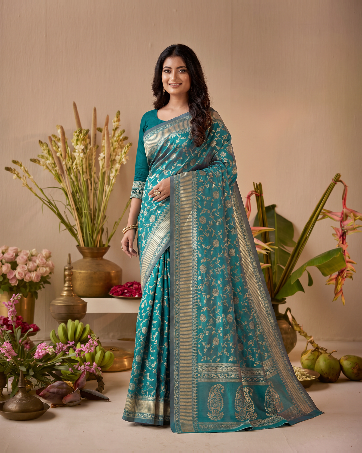 Vasundhara Botanical Trellis Silk Saree - Rama Green - full saree hero