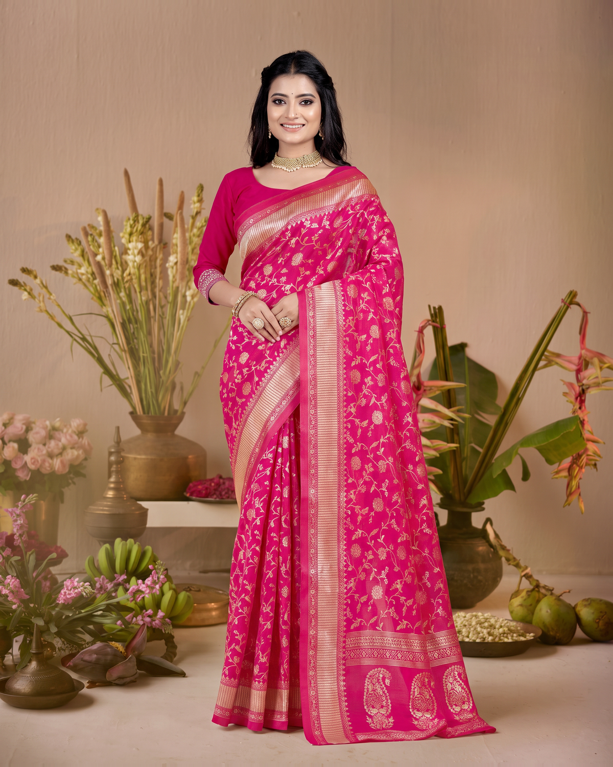 Vasundhara Botanical Trellis Silk Saree - Rani Pink - full saree hero
