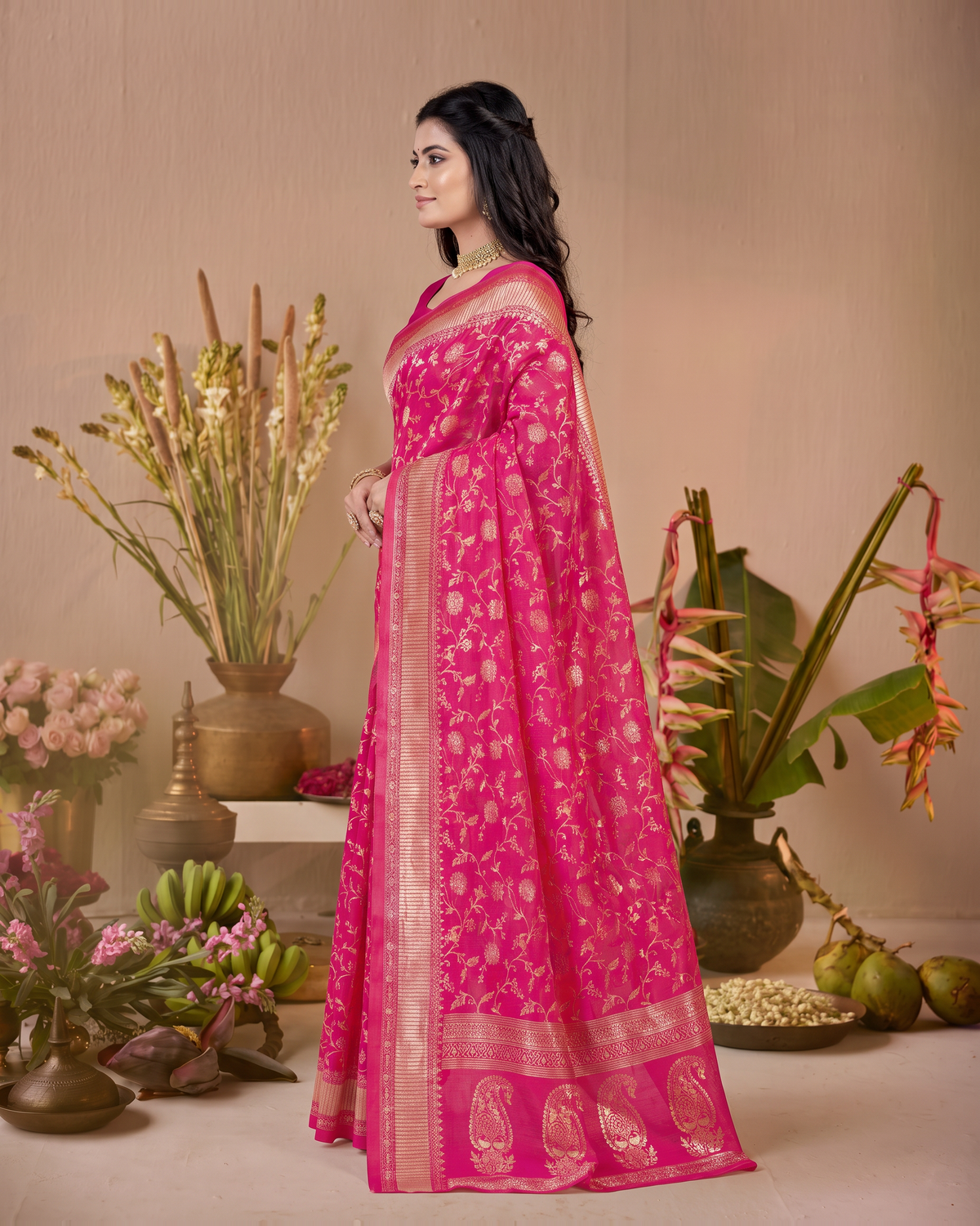 Vasundhara Botanical Trellis Silk Saree - Rani Pink - side drape