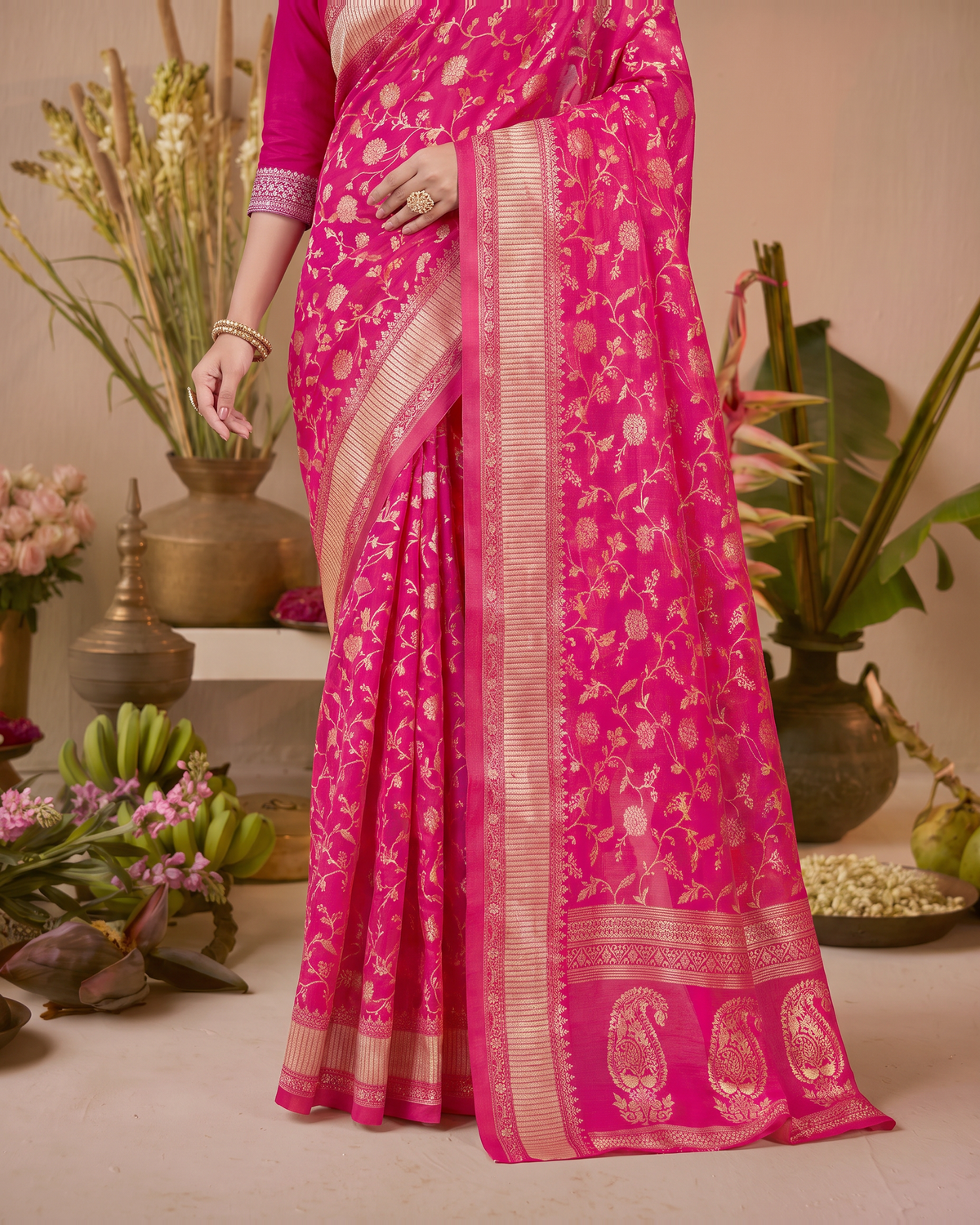Vasundhara Botanical Trellis Silk Saree - Rani Pink - lower border closeup