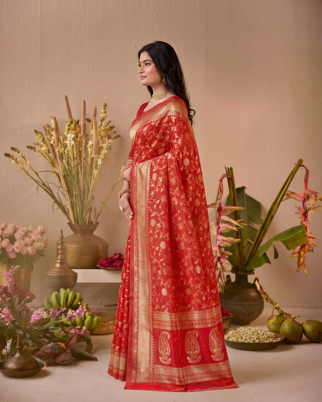 Vasundhara Botanical Trellis Silk Saree - Red - side drape